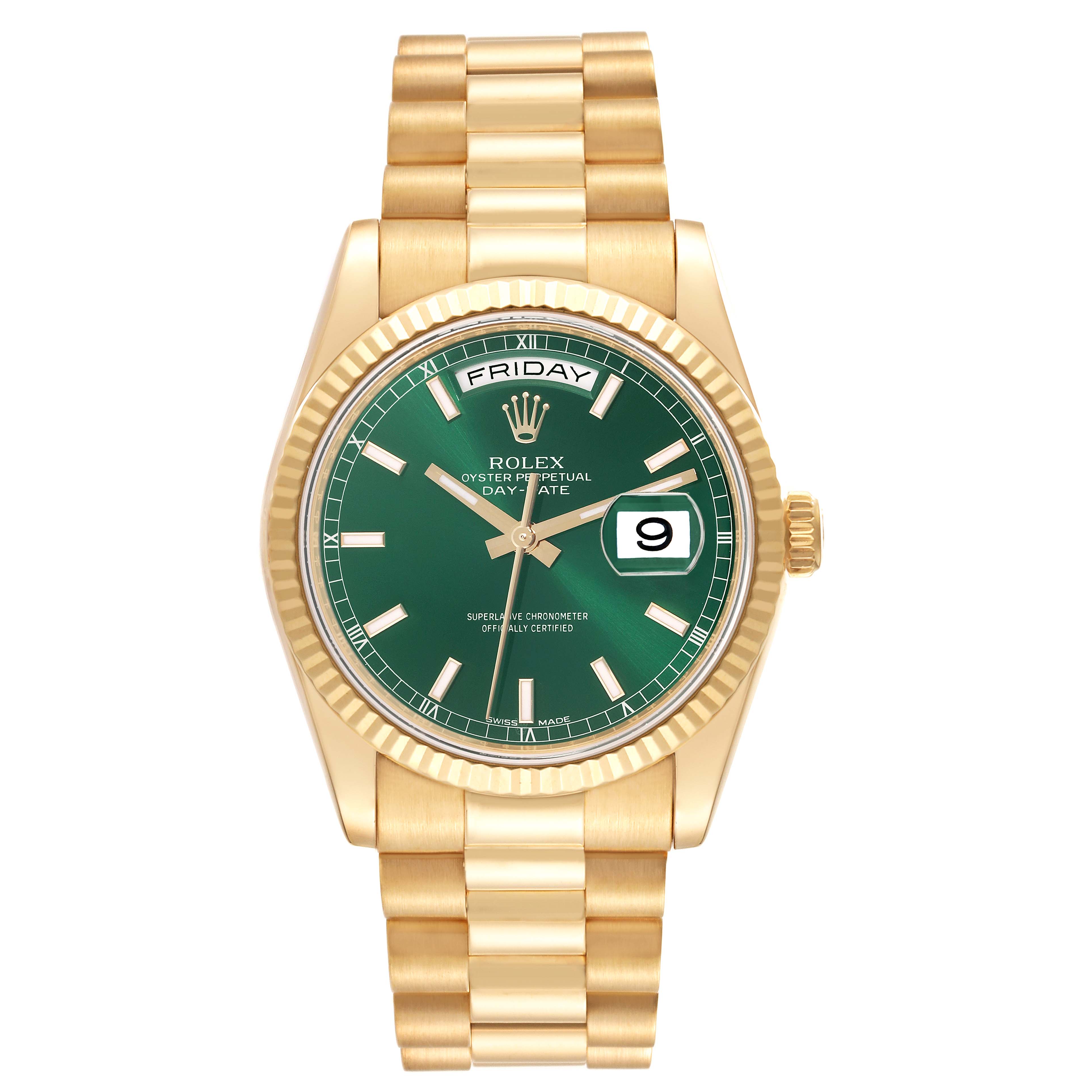 The image shows a frontal view of a Rolex President 118238 Men
s Yellow Gold Green Dial 118238 Men
s Yellow Gold Green Dial model, including the gold case, green dial, day and date windows, and bracelet.