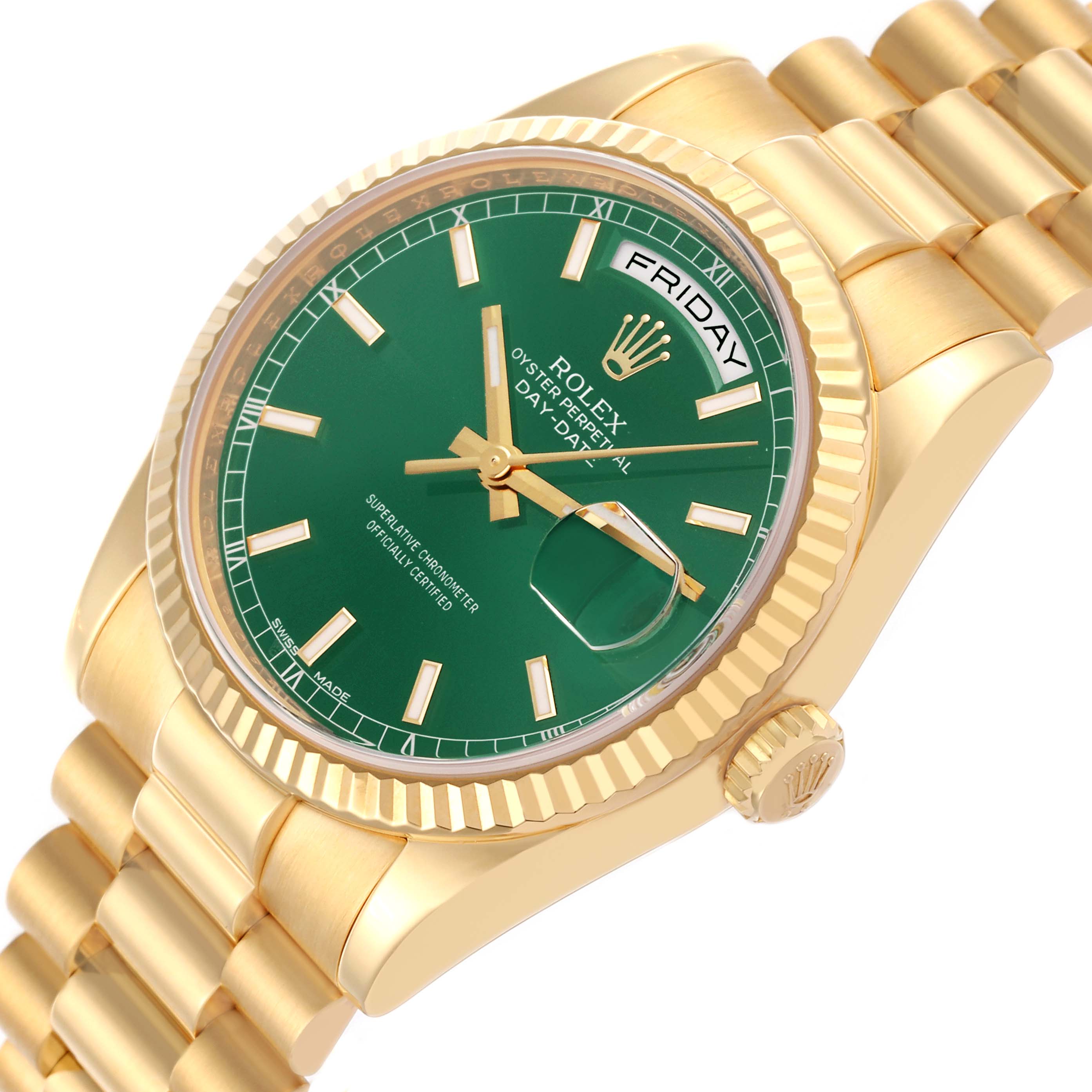The Rolex President 118238 Men
s Yellow Gold Green Dial 118238 Men
s Yellow Gold Green Dial model is shown at a slight angle, highlighting its green dial, day-date feature, and gold bracelet.