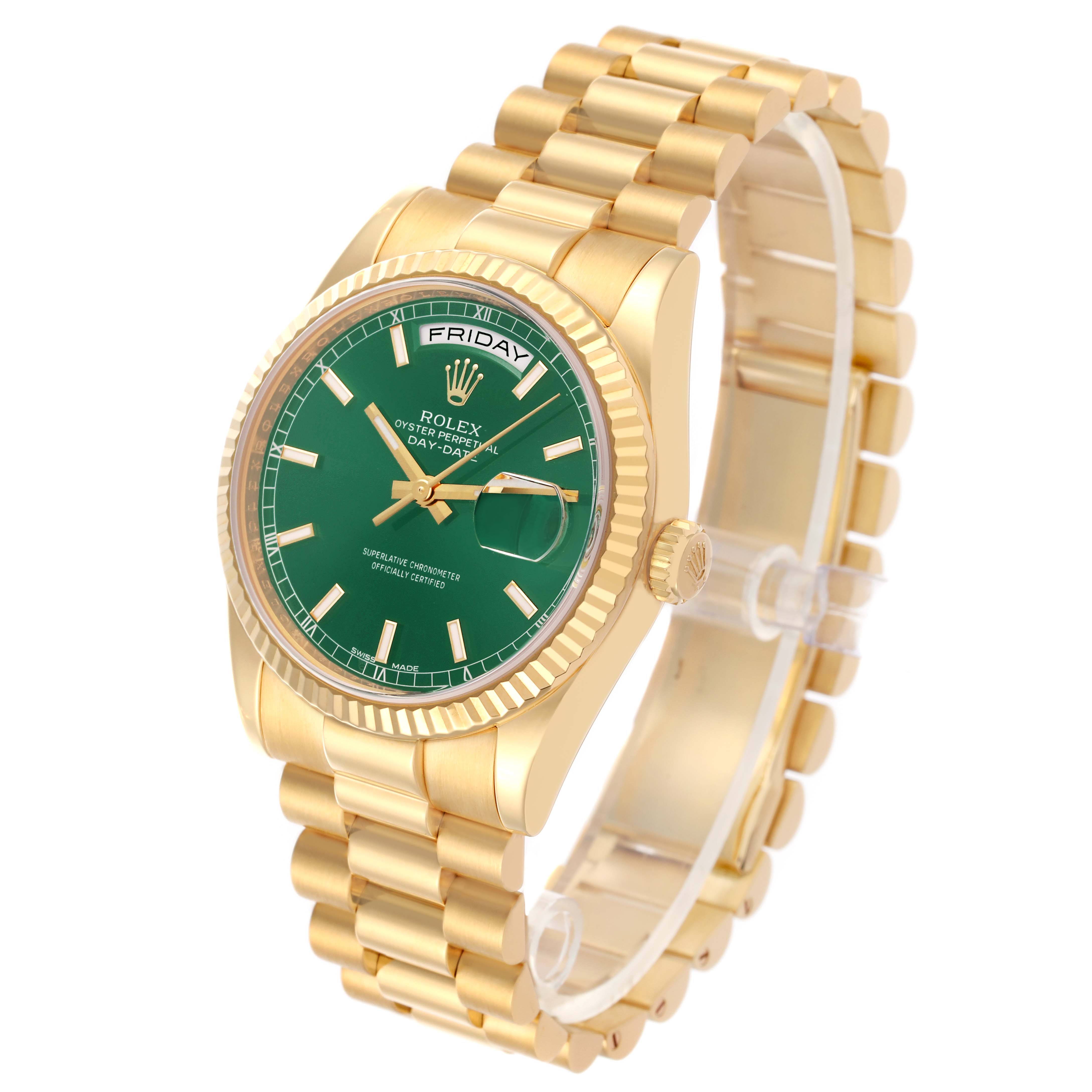 The Rolex President 118238 Men
s Yellow Gold Green Dial 118238 Men
s Yellow Gold Green Dial model watch is shown at a slight angle, displaying the green dial, gold bezel, and bracelet clearly.