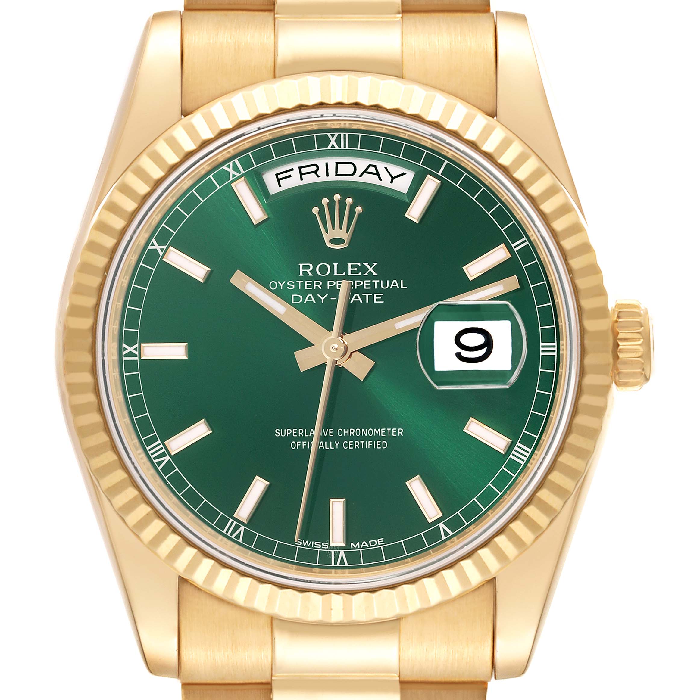 The Rolex President 118238 Men
s Yellow Gold Green Dial 118238 Men
s Yellow Gold Green Dial watch is shown from a frontal angle, highlighting its green dial, gold hands, and day-date display.