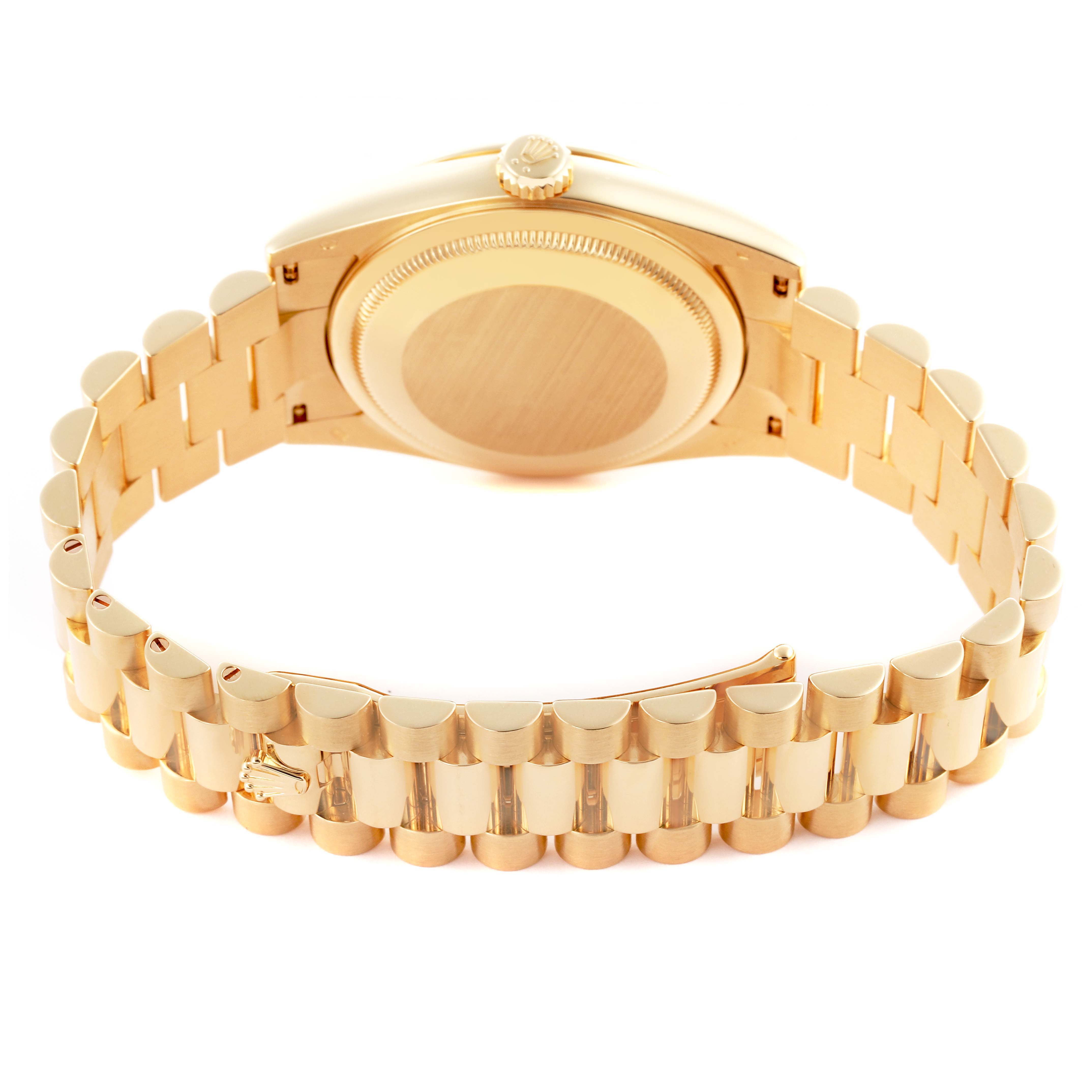 The image shows the Rolex President 118238 Men
s Yellow Gold Green Dial 118238 Men
s Yellow Gold Green Dial model from the back, featuring its gold case back and bracelet with a partially open clasp.