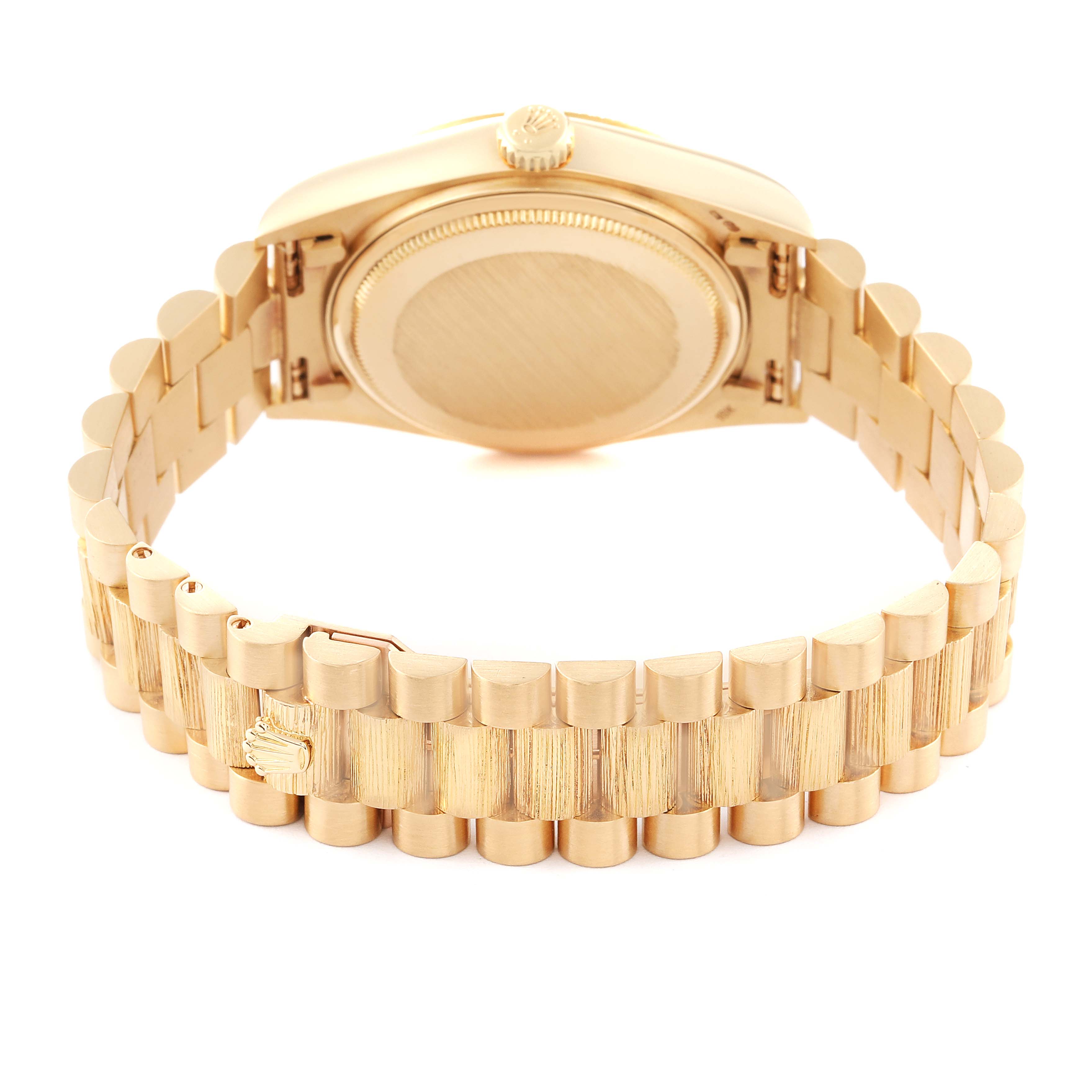 The image shows the back case and bracelet of a Rolex President 18078 Men's Yellow Gold Champagne Dial 18078 Men's Yellow Gold Champagne Dial model watch, viewed from the rear.