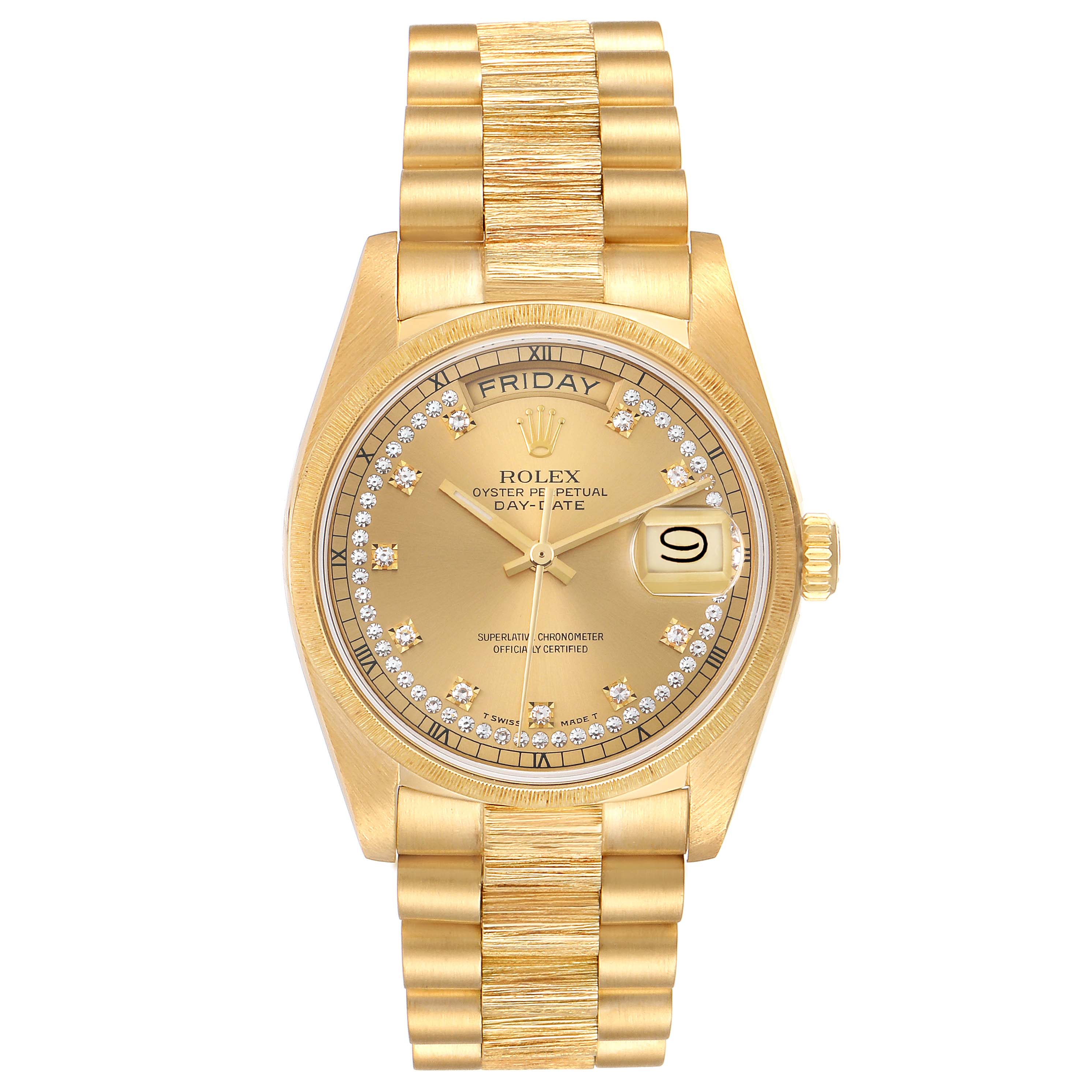 The image shows a Rolex President 18078 Men's Yellow Gold Champagne Dial 18078 Men's Yellow Gold Champagne Dial model watch with a front view highlighting its gold dial, diamonds, and bracelet.