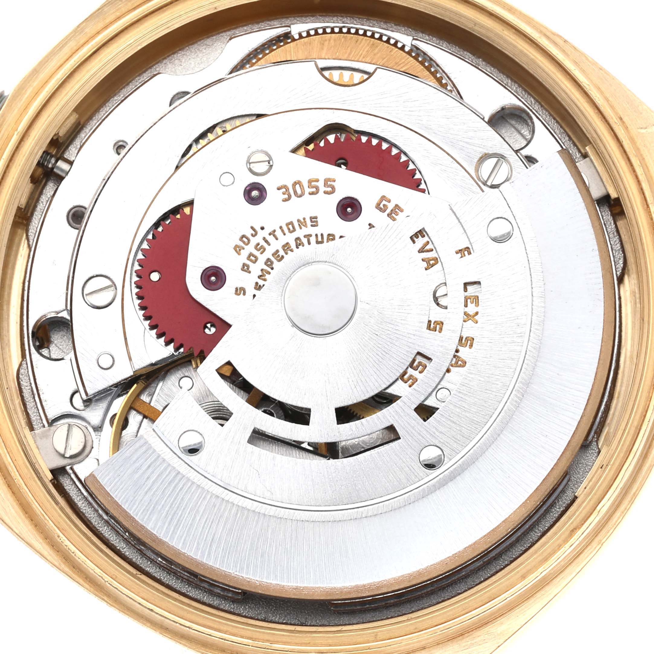 The image shows the internal mechanism of a Rolex President 18078 Men's Yellow Gold Champagne Dial 18078 Men's Yellow Gold Champagne Dial model watch viewed from the back.