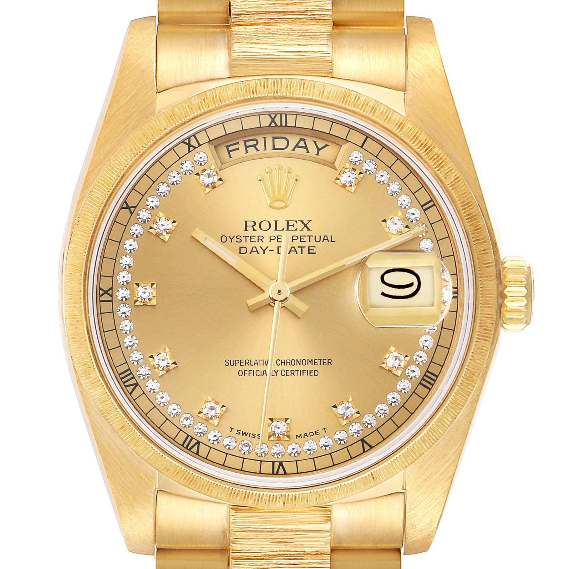 This image shows a frontal view of the Rolex President 18078 Men's Yellow Gold Champagne Dial 18078 Men's Yellow Gold Champagne Dial model, displaying its dial, bezel, bracelet, and crown.