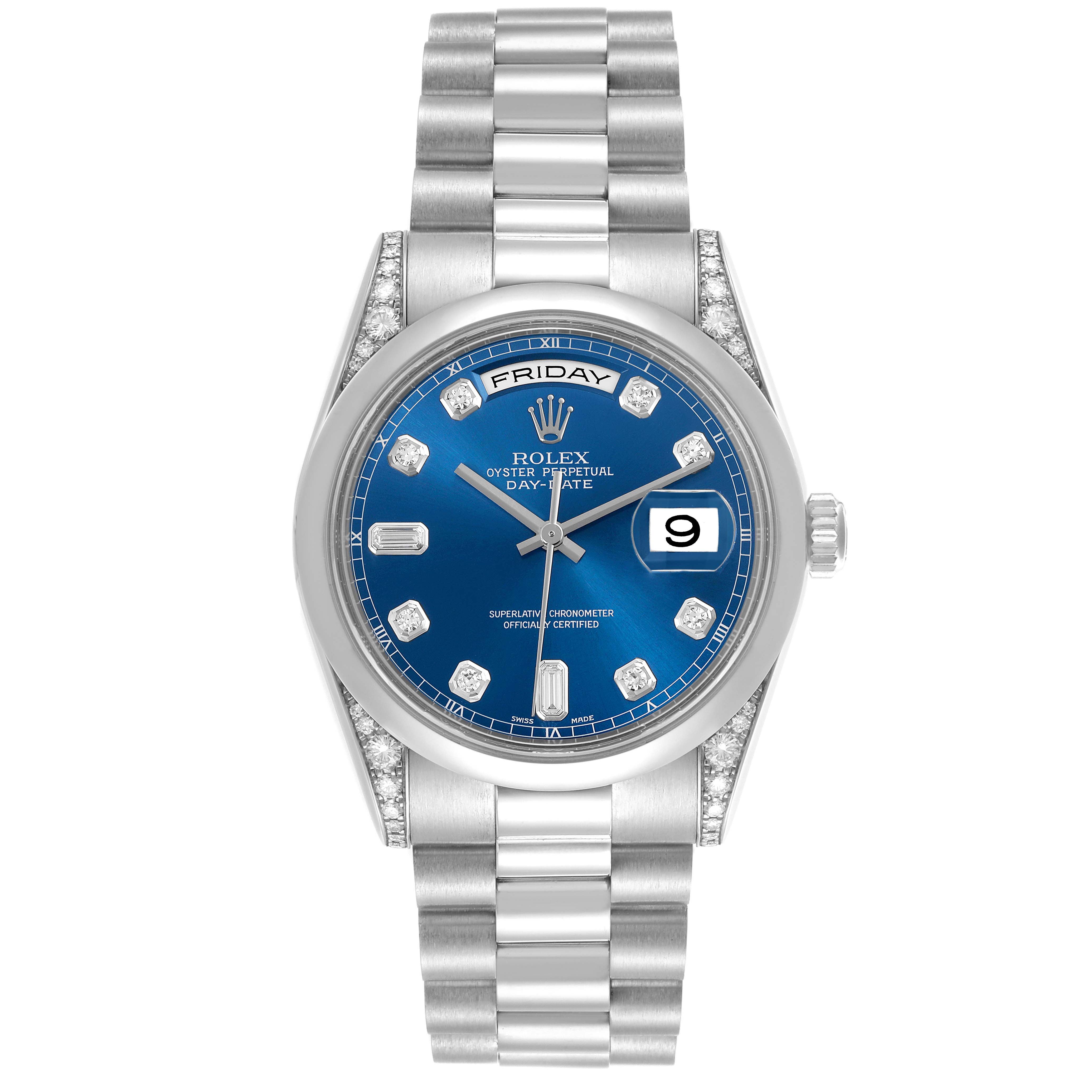 The Rolex President 118296 Men
s Platinum Blue Dial 118296 Men
s Platinum Blue Dial model watch is shown front-facing, displaying the dial, bracelet, and diamond-studded bezel.