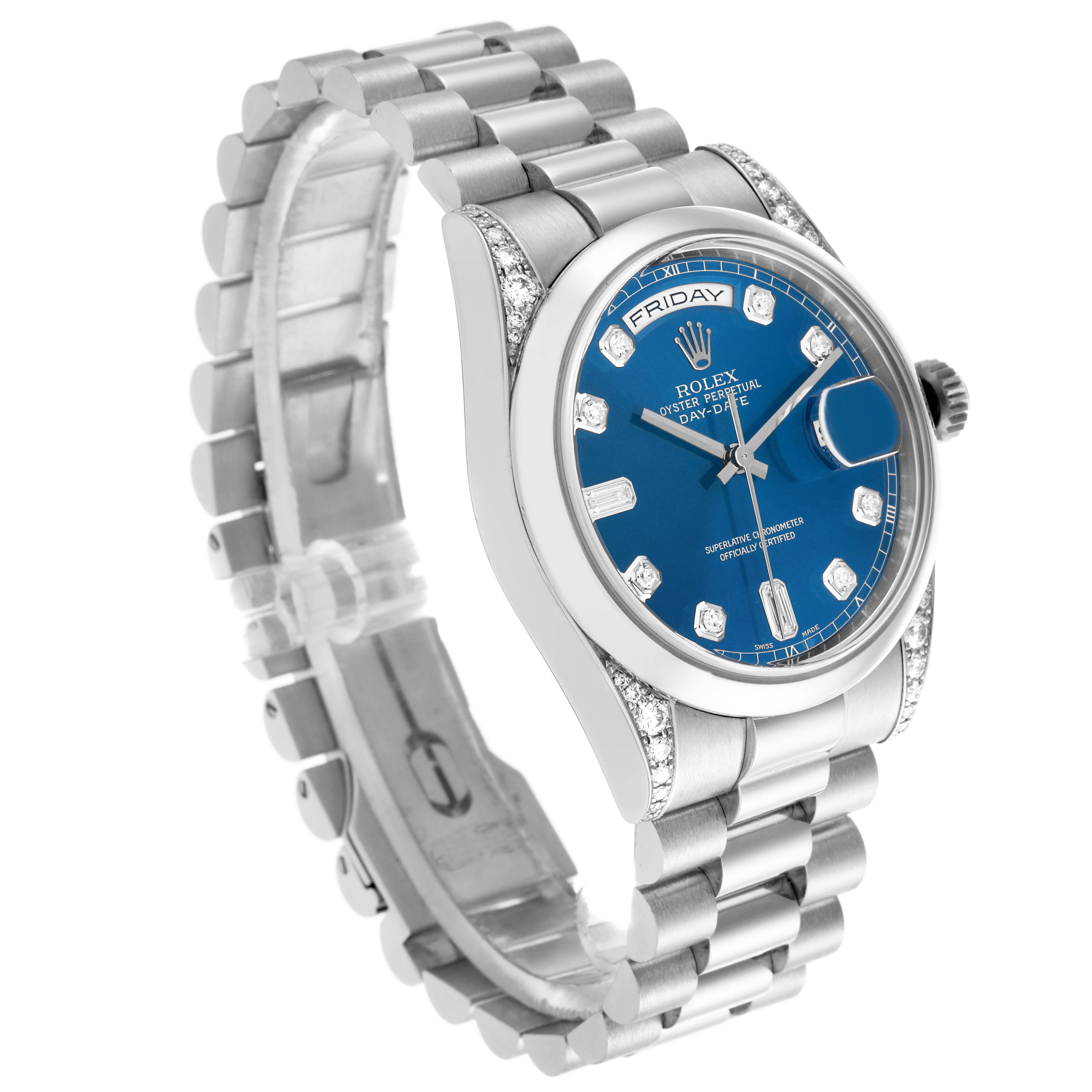 The Rolex President 118296 Men
s Platinum Blue Dial 118296 Men
s Platinum Blue Dial model is shown at an angled view, highlighting its blue dial, diamond hour markers, and metal bracelet.