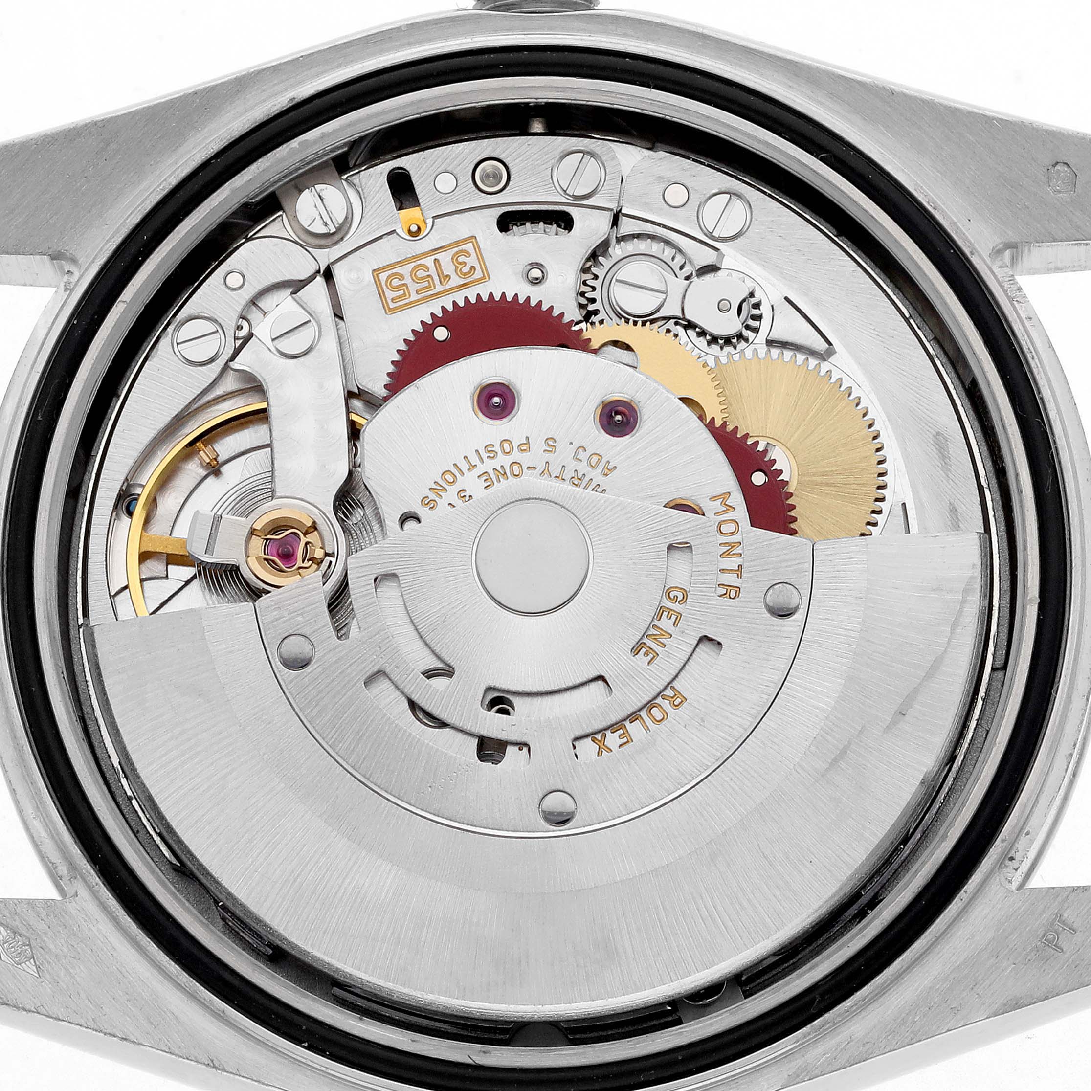 The image shows the internal mechanism of a Rolex President 118296 Men
s Platinum Blue Dial 118296 Men
s Platinum Blue Dial model watch from a back angle, highlighting gears and components.
