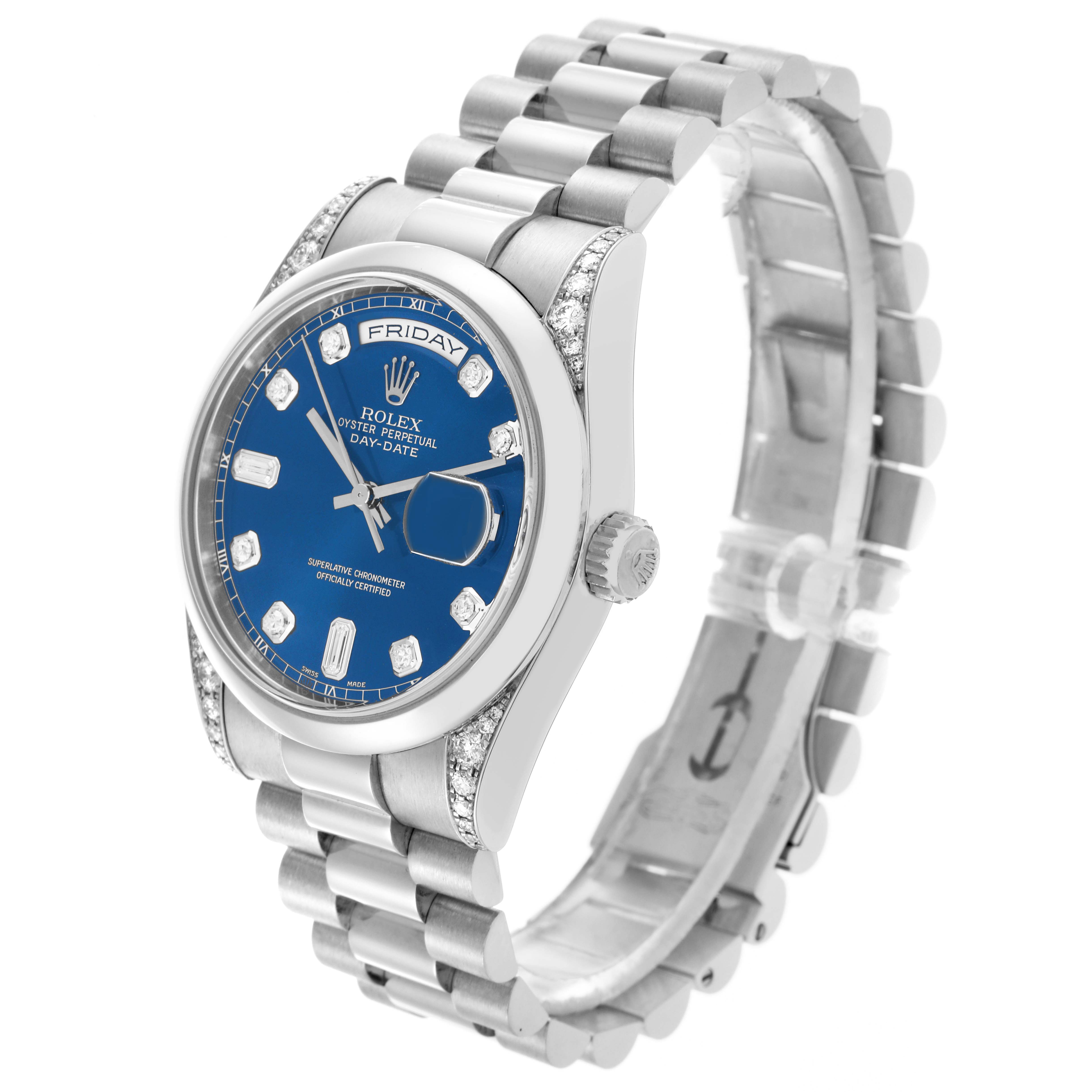 The Rolex President 118296 Men
s Platinum Blue Dial 118296 Men
s Platinum Blue Dial model is shown at a three-quarter angle, highlighting the bracelet, bezel, and blue dial with diamond hour markers.