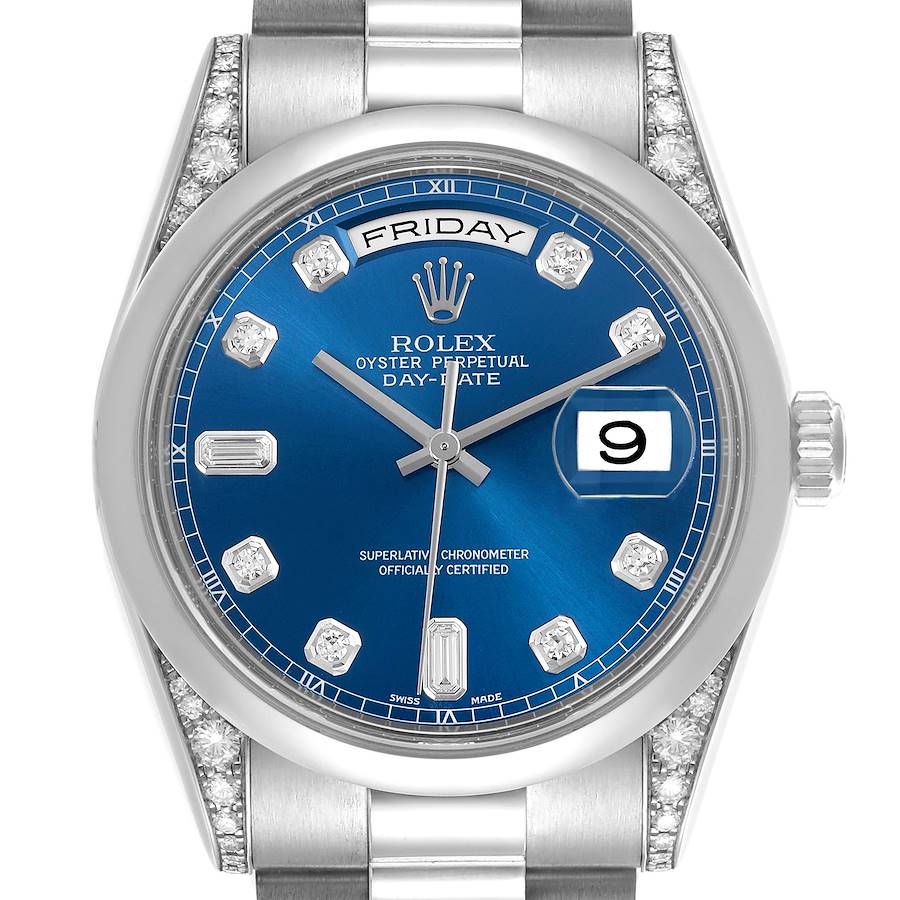 The Rolex President model watch is shown from a front angle, highlighting the blue dial, diamond hour markers, and day-date features.