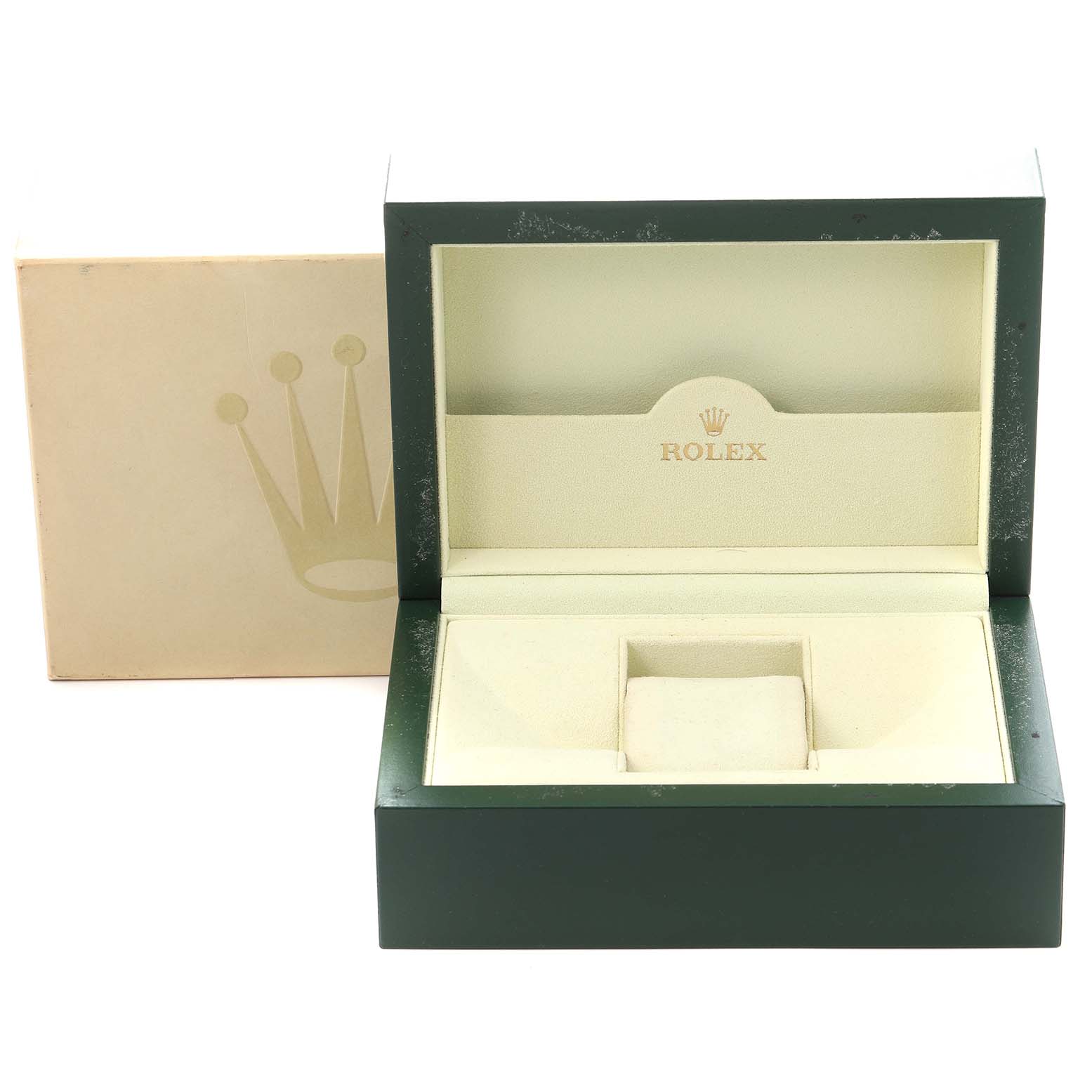 The image shows an open Rolex President 118296 Men
s Platinum Blue Dial 118296 Men
s Platinum Blue Dial model watch box at a straight-on angle, highlighting the interior and logo.