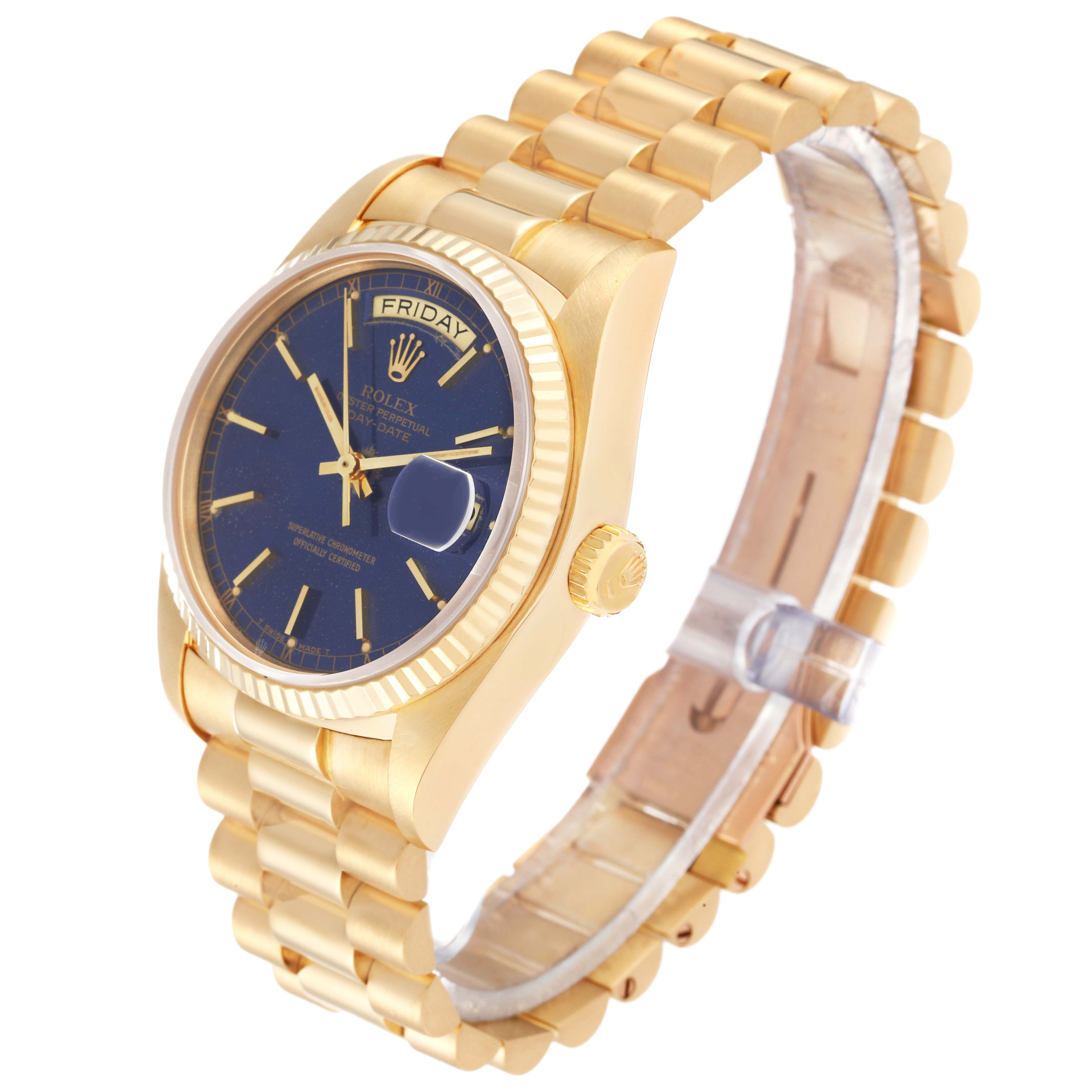 The Rolex President 18038 Men's Yellow Gold Blue Dial 18038 Men's Yellow Gold Blue Dial model watch is shown at a three-quarter angle, displaying its gold bracelet, blue dial, and fluted bezel.
