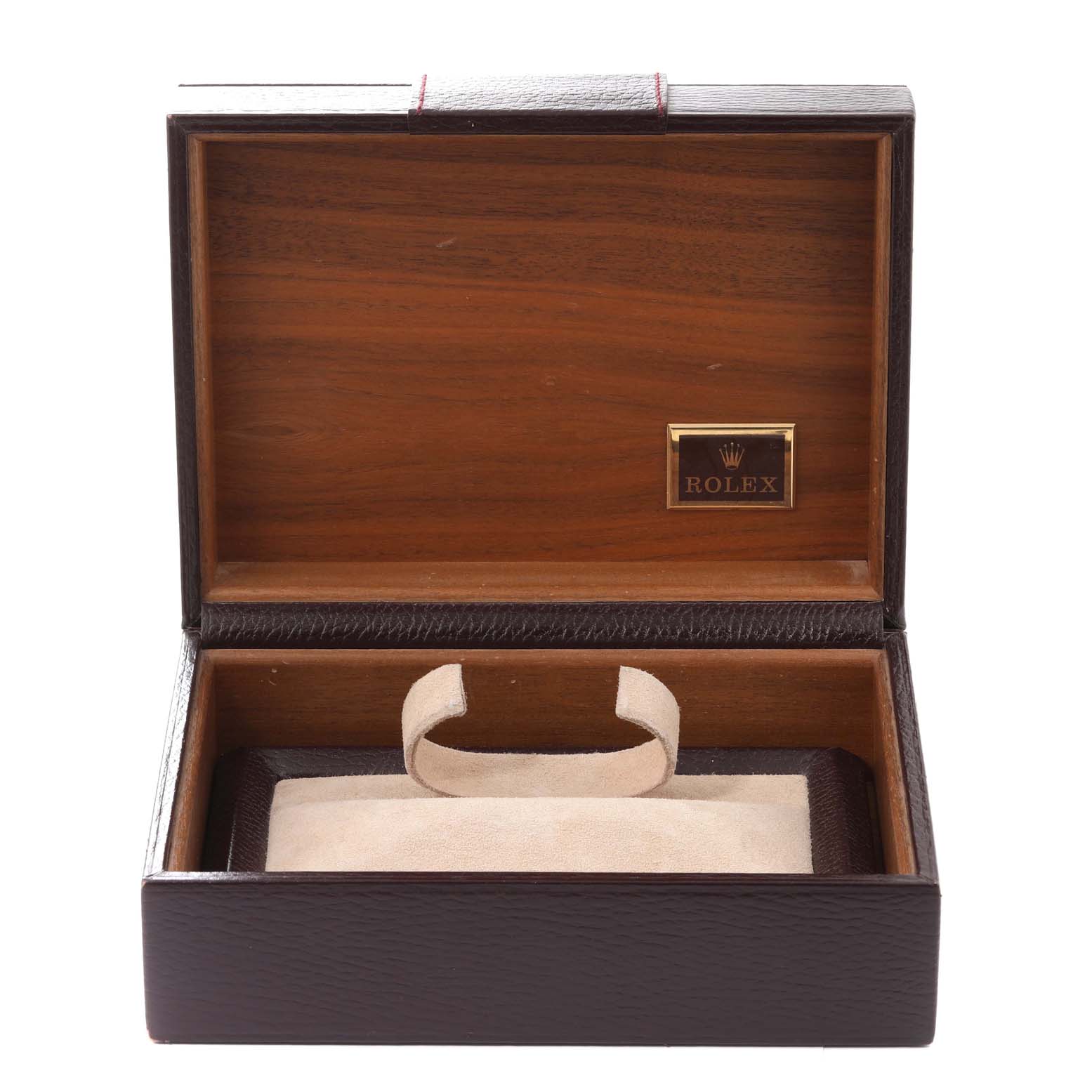 This is the open case for the Rolex President 18038 Men's Yellow Gold Blue Dial 18038 Men's Yellow Gold Blue Dial model watch, showing a velvet cushion and the Rolex emblem inside.