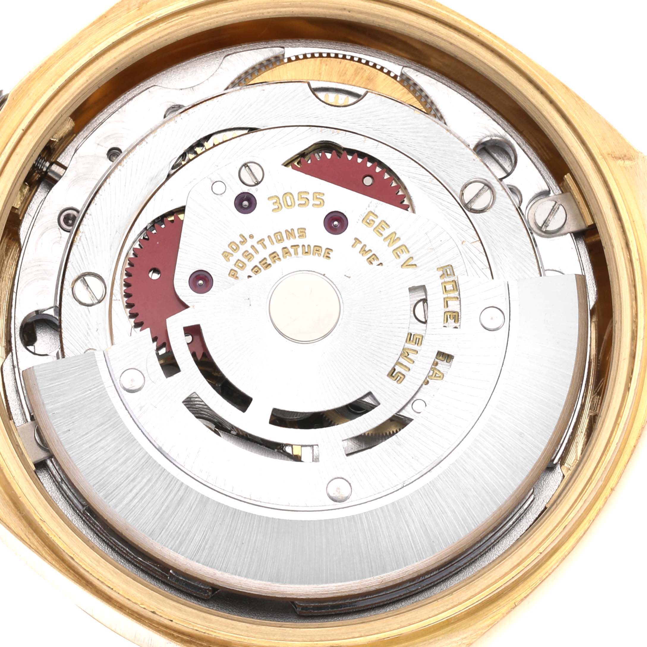 This image shows the internal movement components of a Rolex President 18038 Men's Yellow Gold Blue Dial 18038 Men's Yellow Gold Blue Dial model watch from a top-down angle.