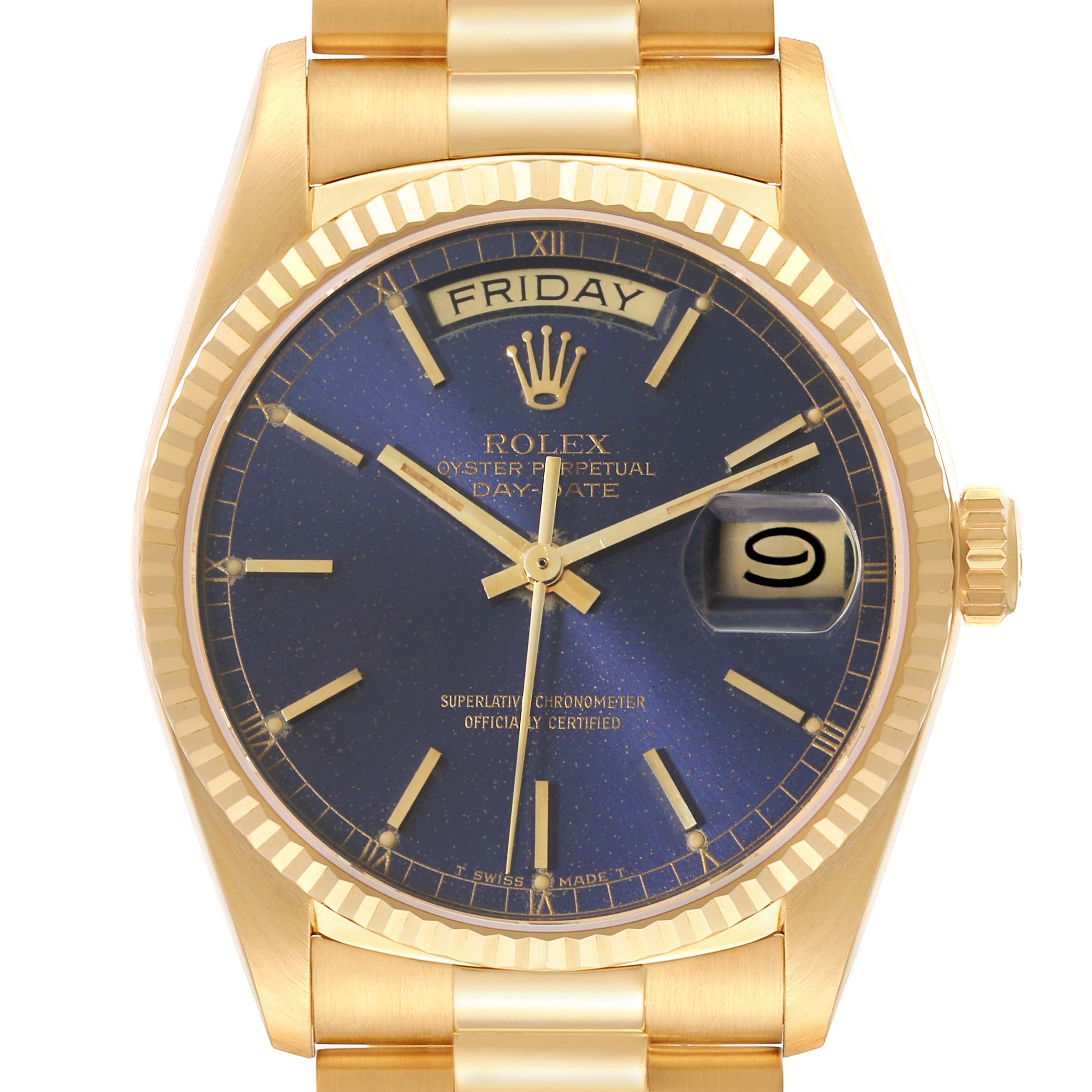 This image shows the face of the Rolex President 18038 Men's Yellow Gold Blue Dial 18038 Men's Yellow Gold Blue Dial model watch, highlighting its blue dial, day and date displays, and gold case.