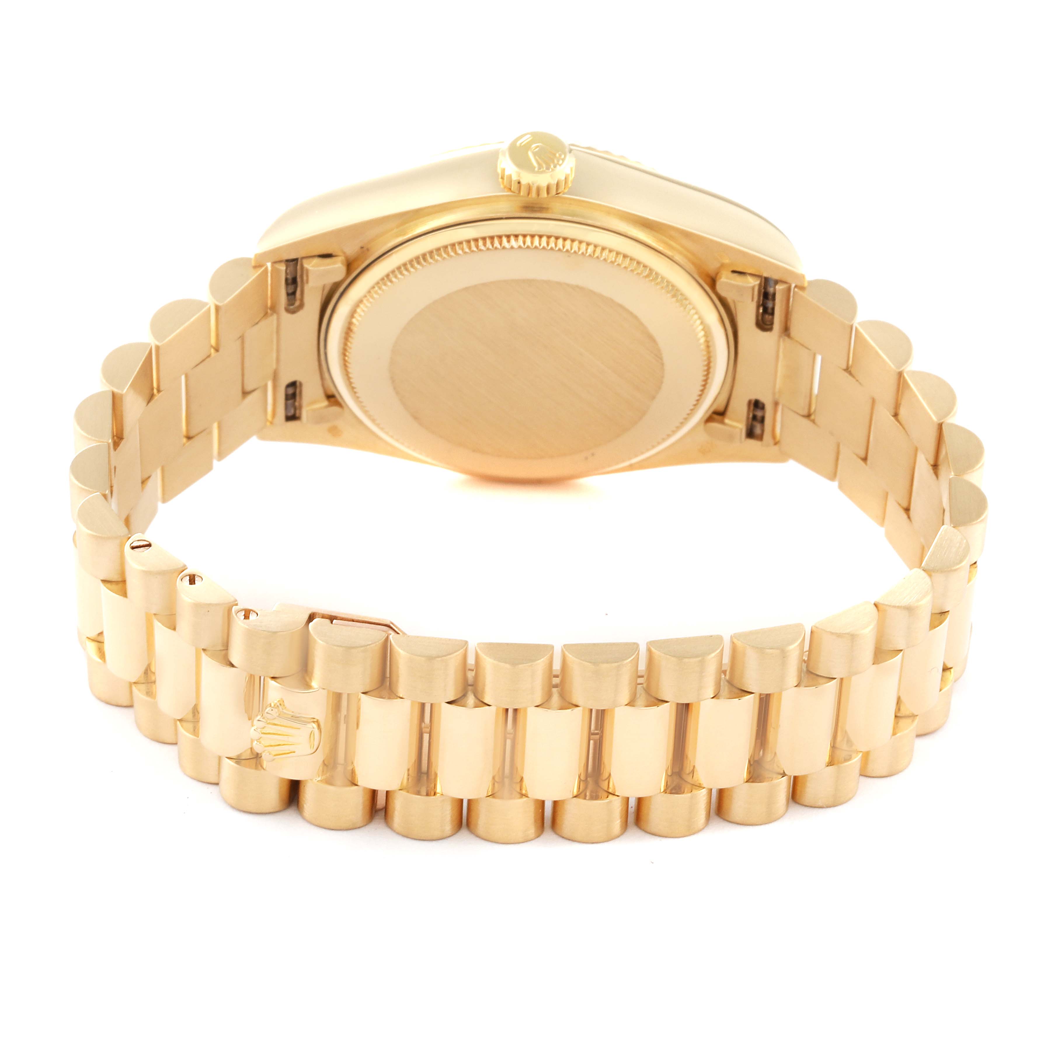 This image shows the back and bracelet of a gold Rolex President 18038 Men's Yellow Gold Blue Dial 18038 Men's Yellow Gold Blue Dial model watch from a rear angle.