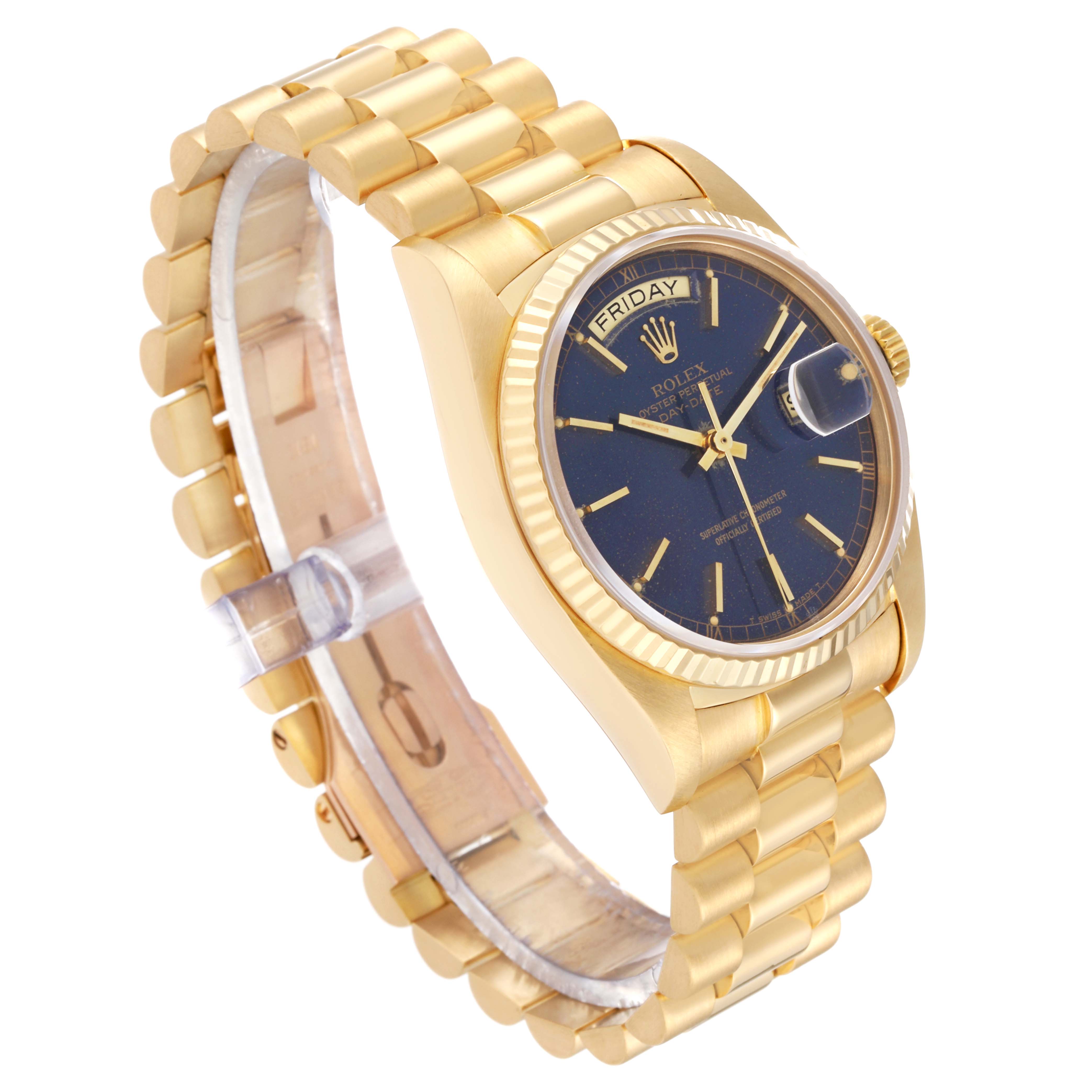 The image shows a Rolex President 18038 Men's Yellow Gold Blue Dial 18038 Men's Yellow Gold Blue Dial model watch in a gold finish, emphasizing the bracelet, dial, and date display, at a side angle.