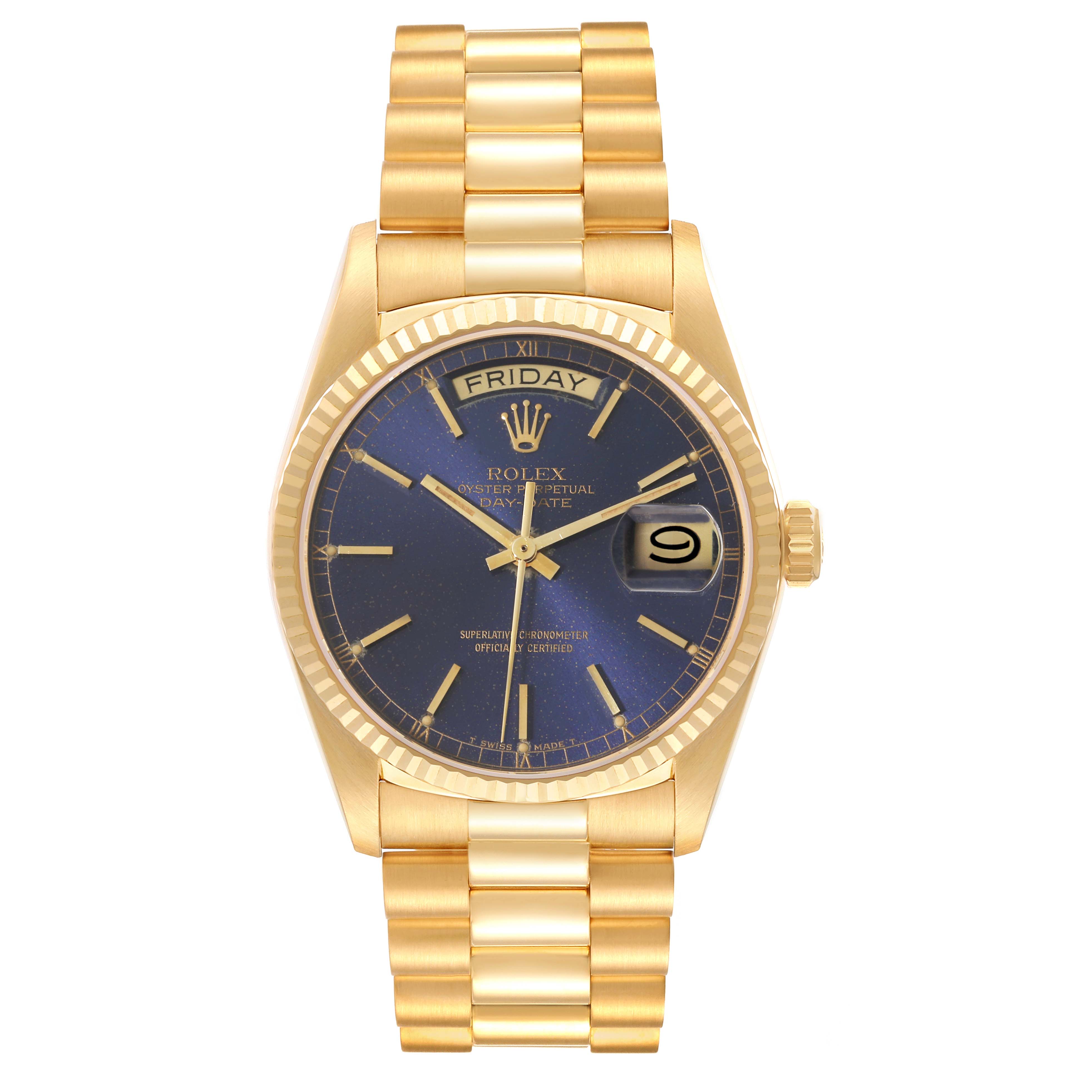 This image shows a front view of a Rolex President 18038 Men's Yellow Gold Blue Dial 18038 Men's Yellow Gold Blue Dial model watch, featuring the dial, bezel, and bracelet.