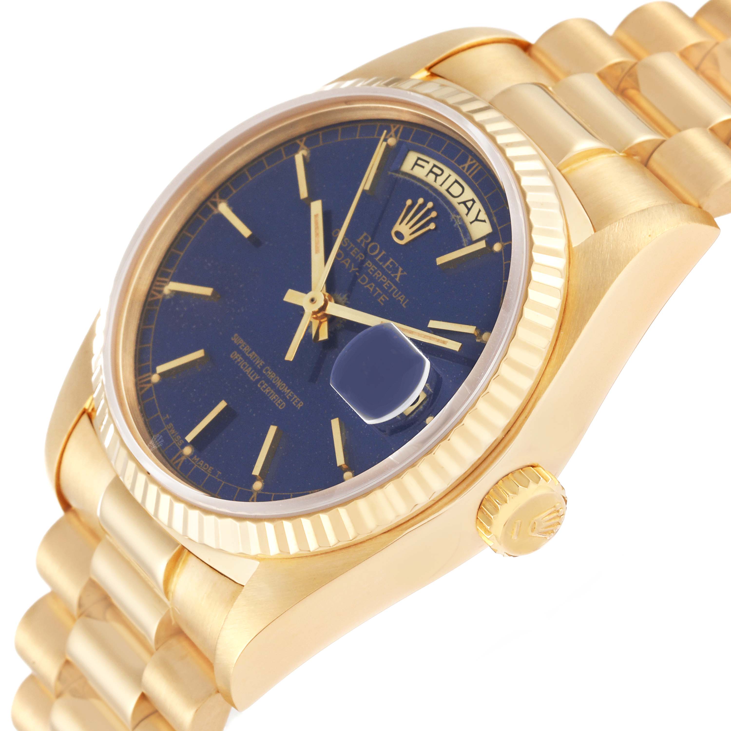 This image shows a side angle of a Rolex President 18038 Men's Yellow Gold Blue Dial 18038 Men's Yellow Gold Blue Dial model watch, highlighting its blue dial, gold fluted bezel, and bracelet.