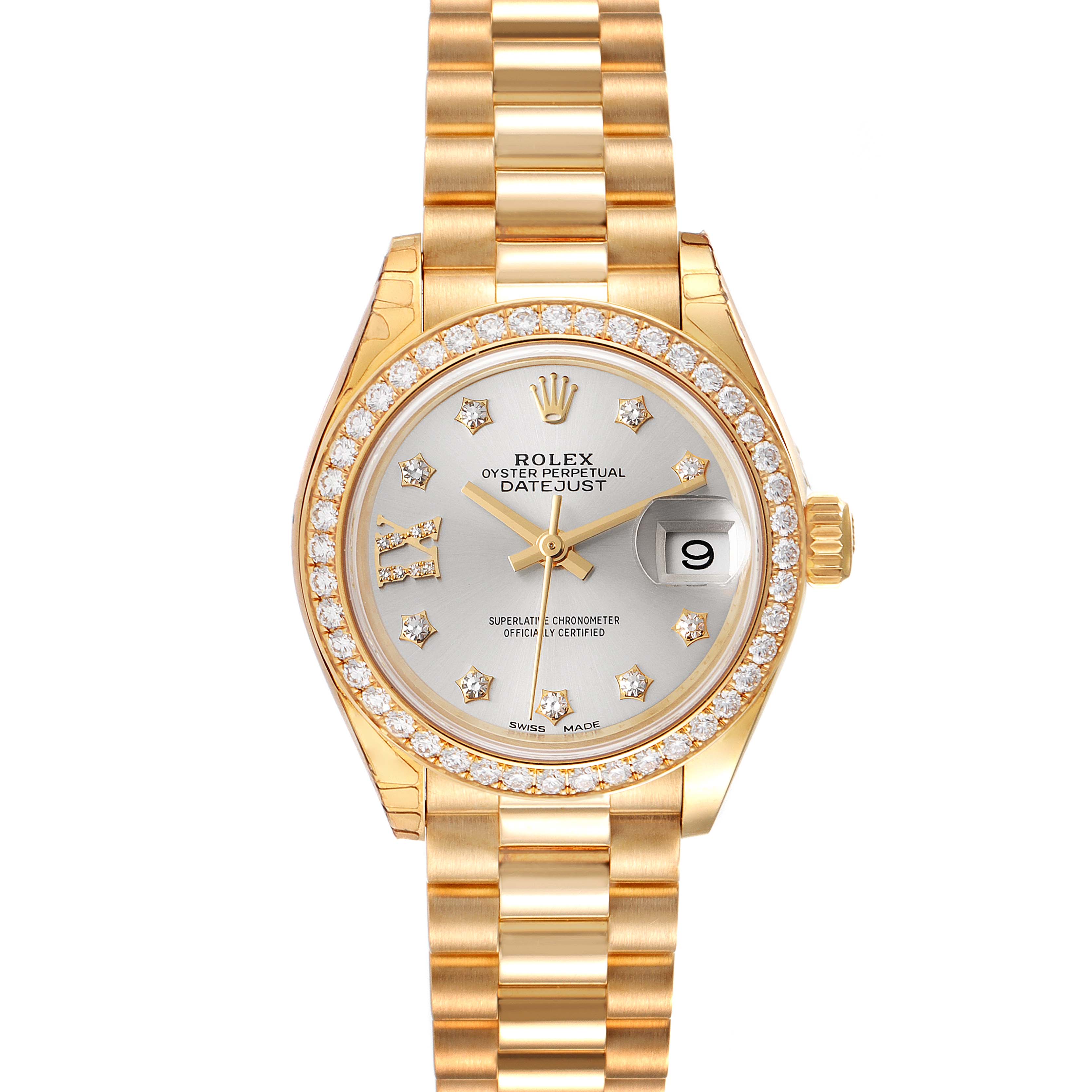 The Rolex President 279138 Women's Yellow Gold Silver Dial 279138 Women's Yellow Gold Silver Dial model shows a frontal view of its dial, bezel, case, and bracelet.