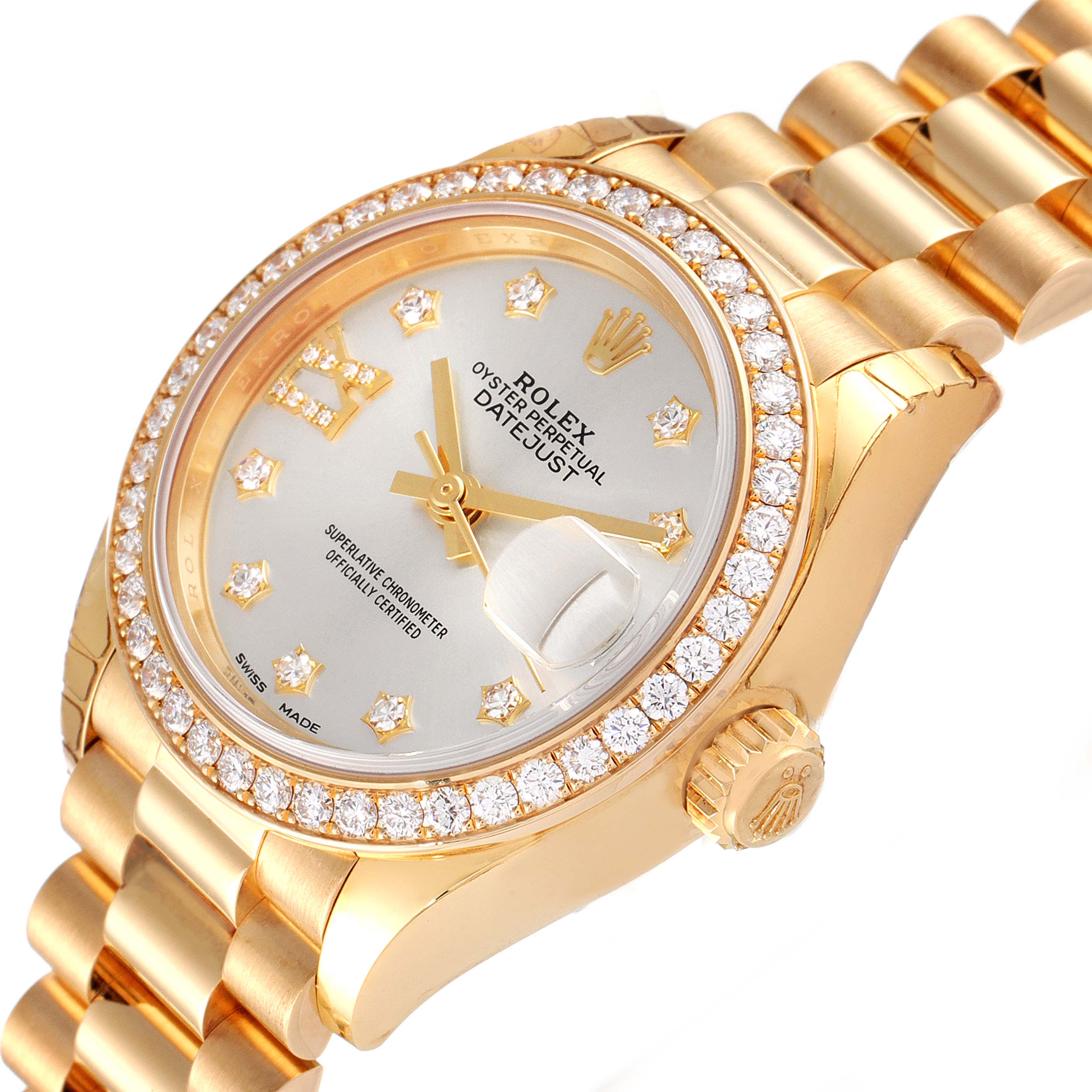 This image shows a Rolex President 279138 Women's Yellow Gold Silver Dial 279138 Women's Yellow Gold Silver Dial model watch at a three-quarter angle, highlighting the bezel, dial, and bracelet.