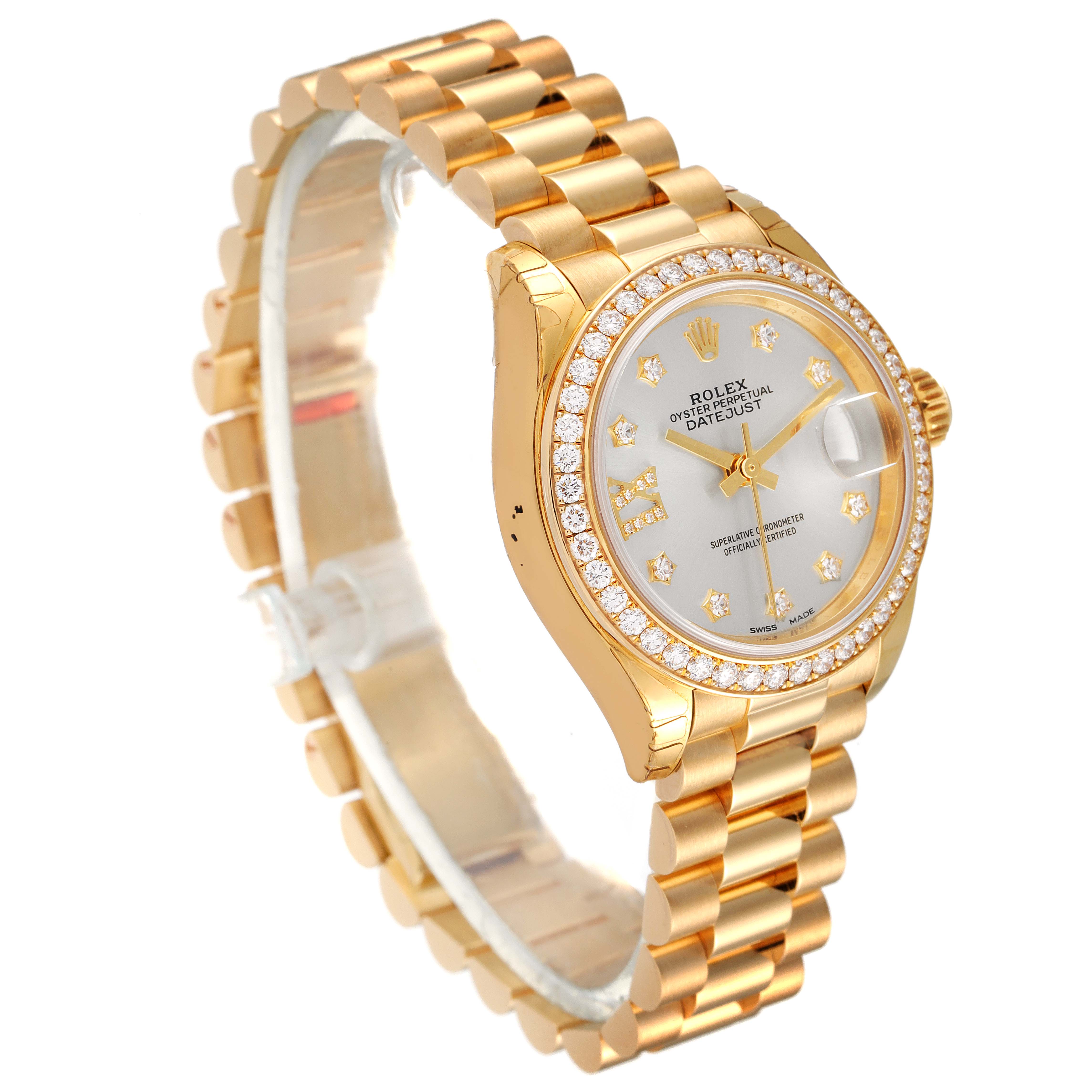 The image shows a Rolex President 279138 Women's Yellow Gold Silver Dial 279138 Women's Yellow Gold Silver Dial model watch from a three-quarter angle, highlighting its gold case, bracelet, and diamond-set bezel and dial.