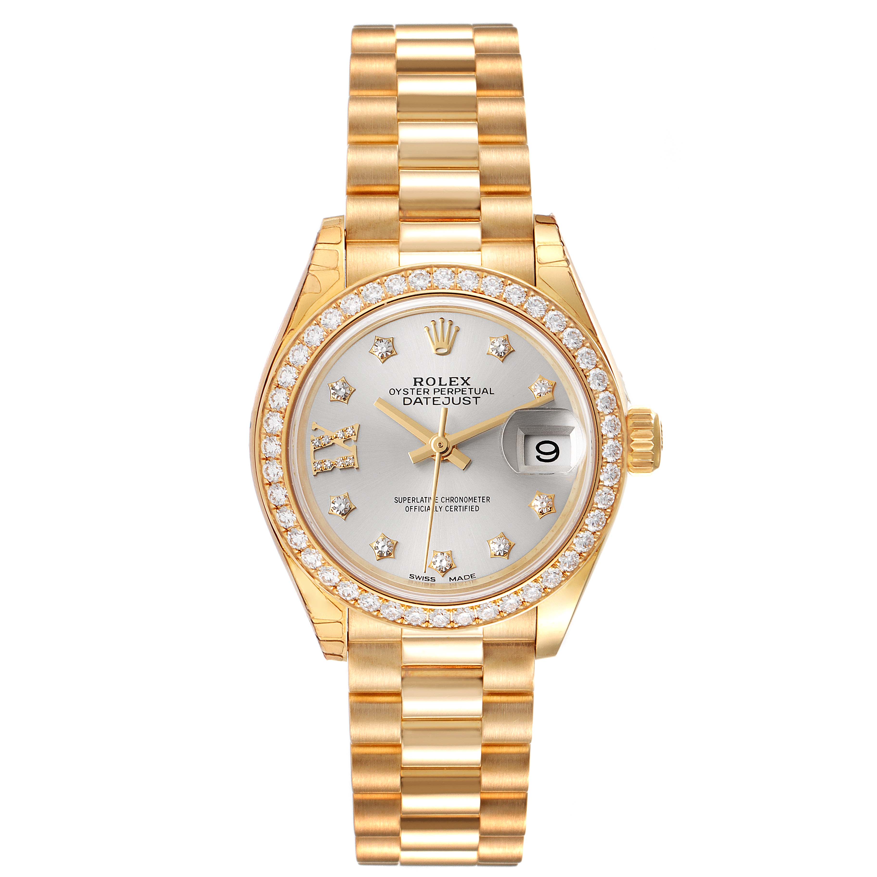 This image shows a front view of the Rolex President 279138 Women's Yellow Gold Silver Dial 279138 Women's Yellow Gold Silver Dial model watch, highlighting the dial, bezel, bracelet, and crown.