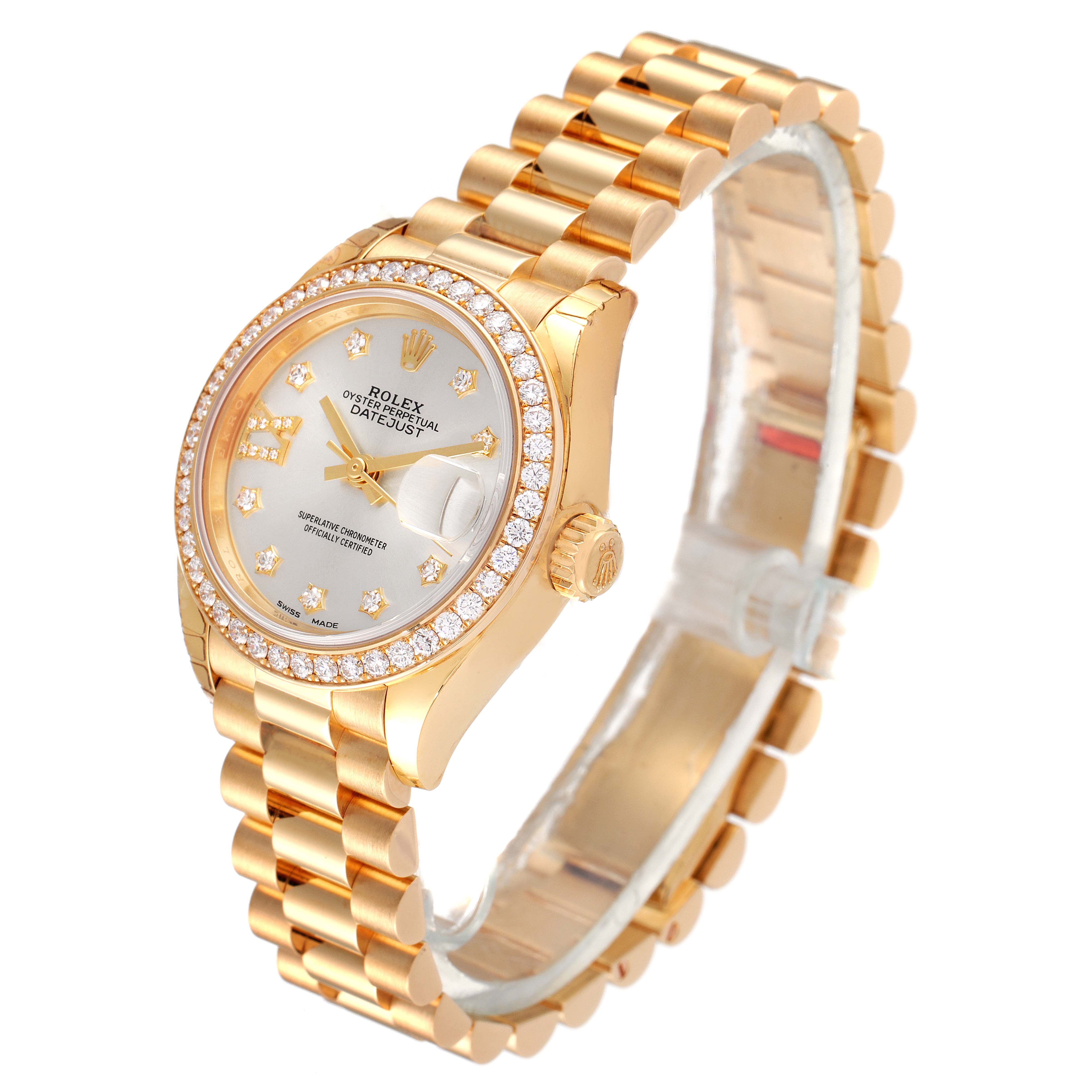 The Rolex President 279138 Women's Yellow Gold Silver Dial 279138 Women's Yellow Gold Silver Dial model is shown at a three-quarter angle, displaying the face, bezel, and bracelet.