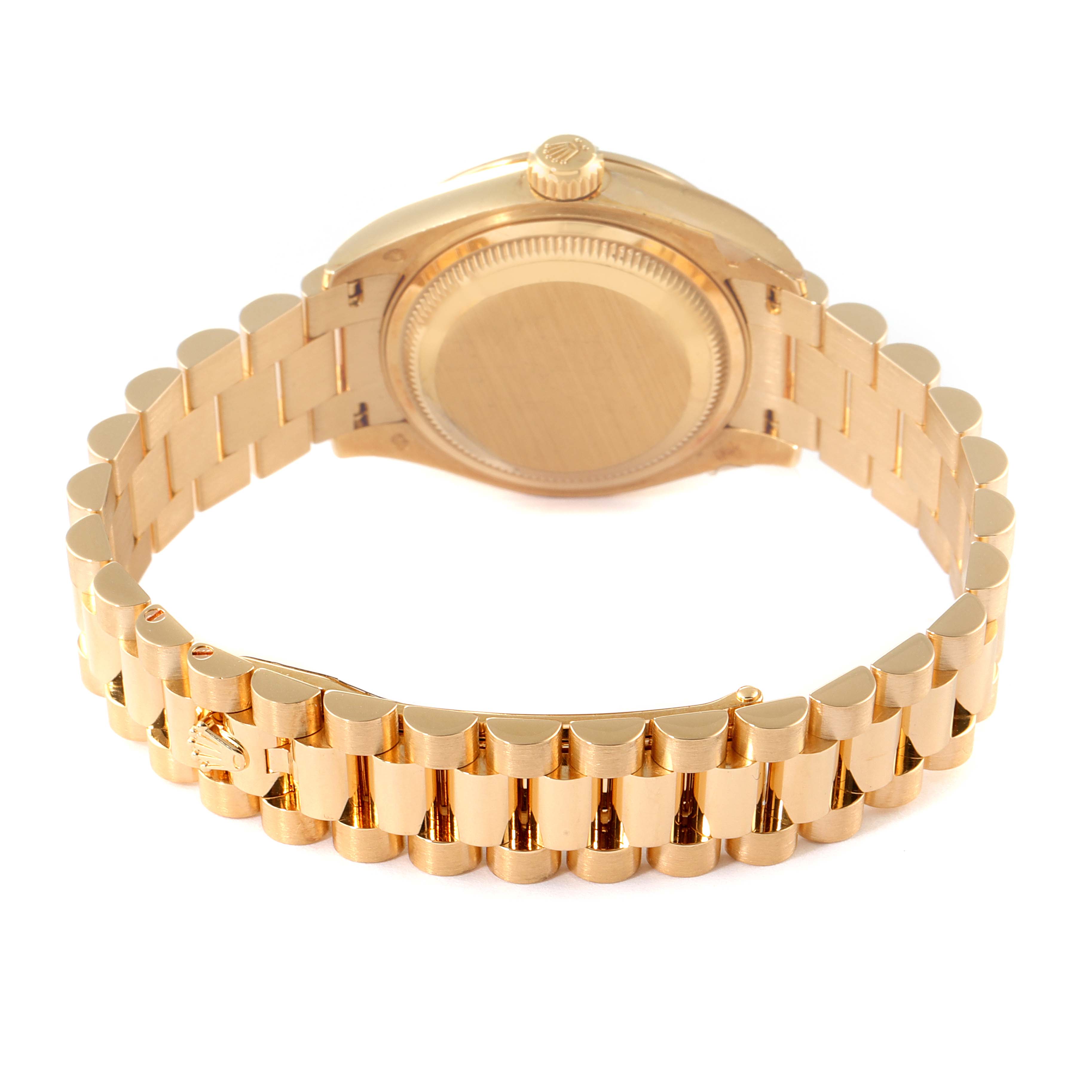 This image shows the back case and bracelet of a Rolex President 279138 Women's Yellow Gold Silver Dial 279138 Women's Yellow Gold Silver Dial model watch from a rear angle.