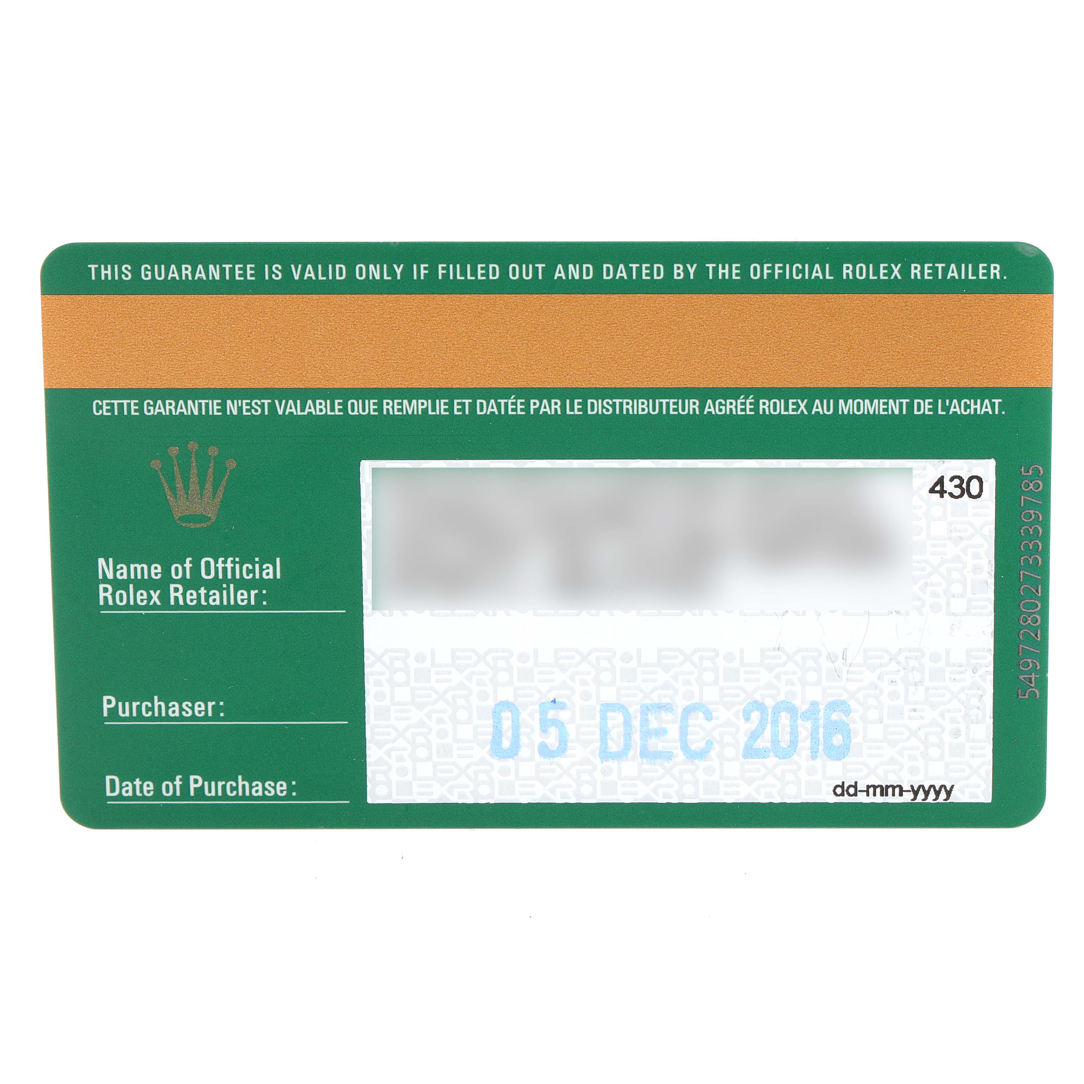 This image shows a warranty card for a Rolex President 279138 Women's Yellow Gold Silver Dial 279138 Women's Yellow Gold Silver Dial model, detailing purchase information.