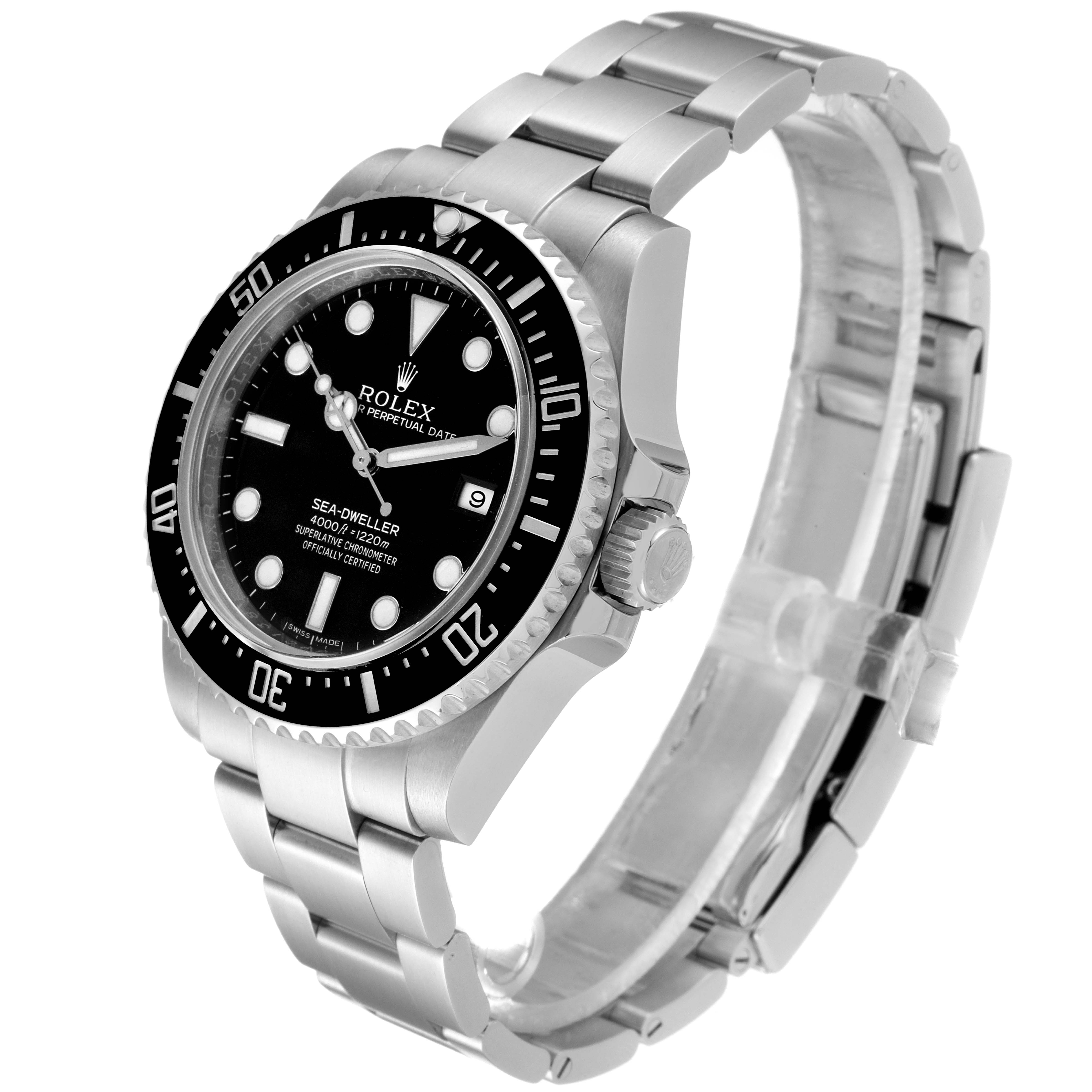 The image shows a Rolex Sea-Dweller 116600 Men
s Stainless Steel Black Dial 116600 Men
s Stainless Steel Black Dial watch at an angled view, displaying the dial, bezel, and part of the bracelet.