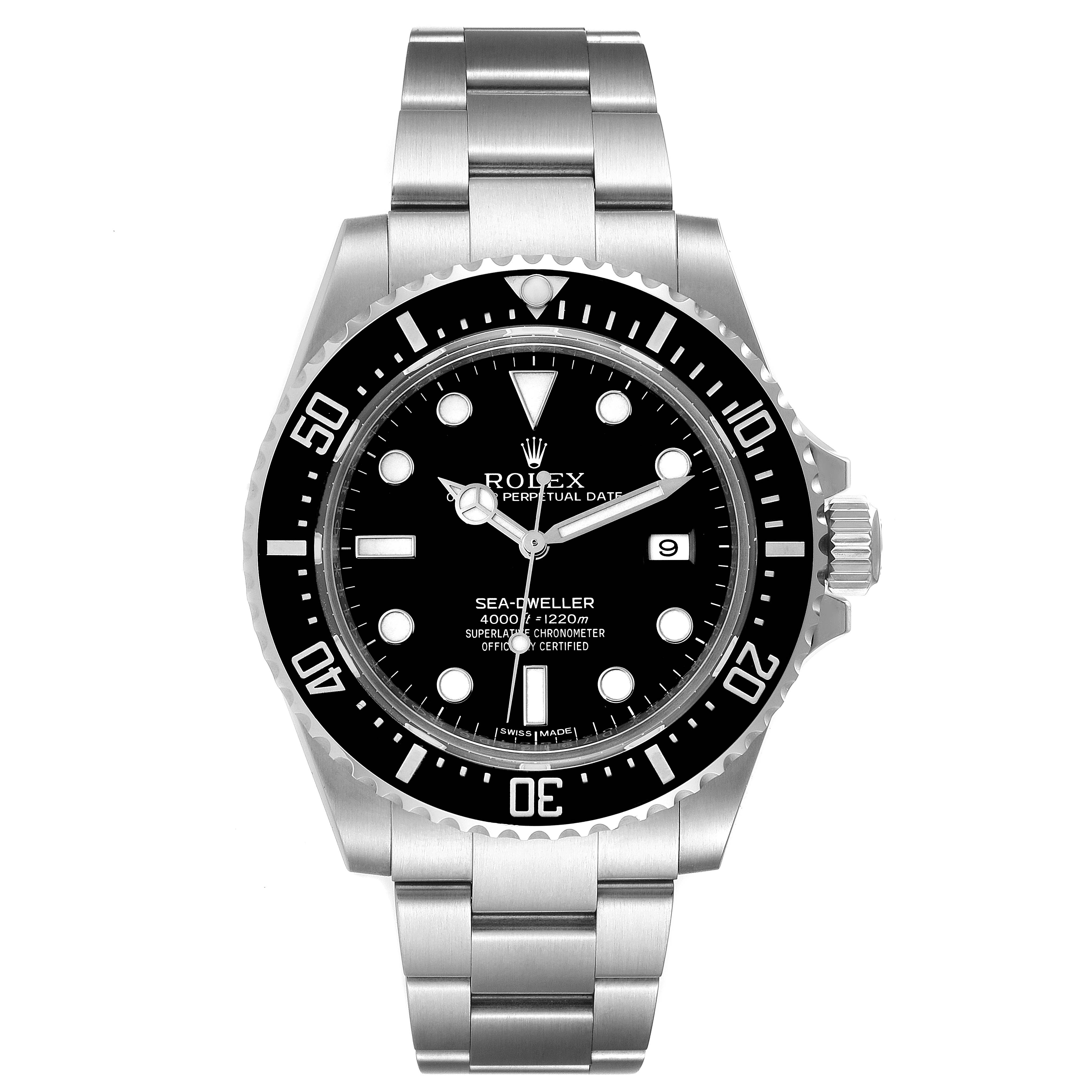 The Rolex Sea-Dweller 116600 Men
s Stainless Steel Black Dial 116600 Men
s Stainless Steel Black Dial watch is shown from a front angle, displaying its dial, bezel, and bracelet.