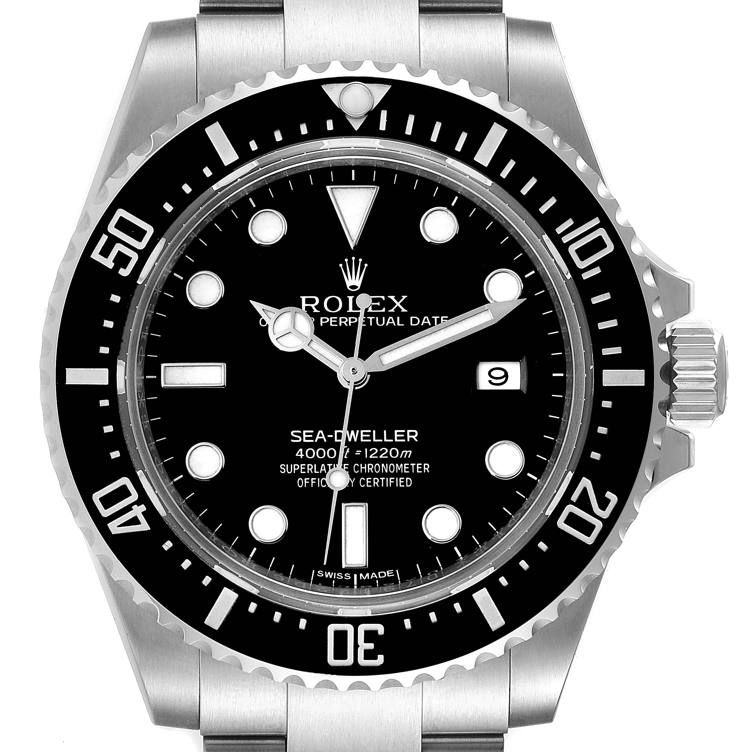 This image shows a front view of the Rolex Sea-Dweller 116600 Men
s Stainless Steel Black Dial 116600 Men
s Stainless Steel Black Dial watch, highlighting the dial, bezel, and part of the bracelet.