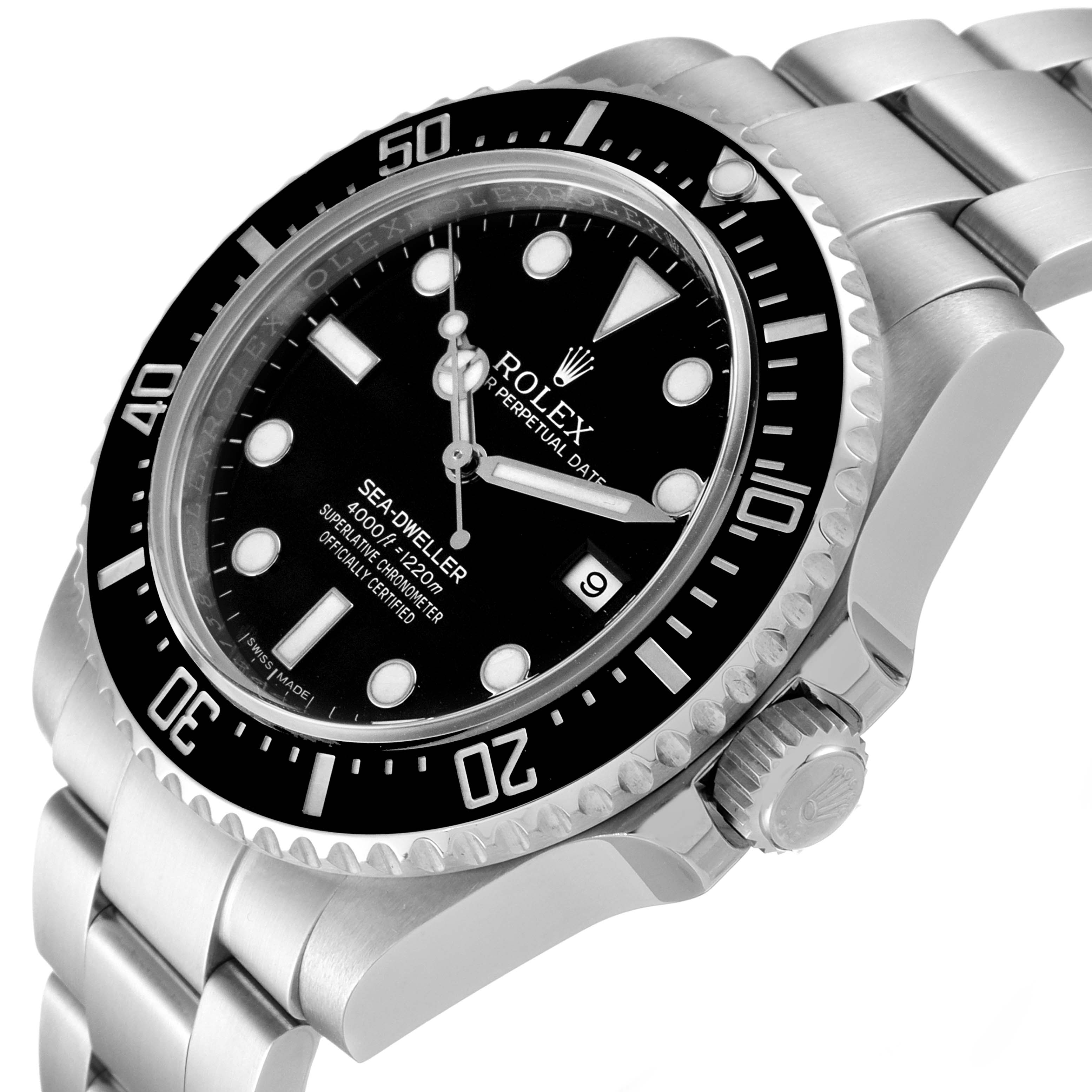 This image shows the Rolex Sea-Dweller 116600 Men
s Stainless Steel Black Dial 116600 Men
s Stainless Steel Black Dial watch from an angled side view, highlighting its dial, bezel, bracelet, and crown.