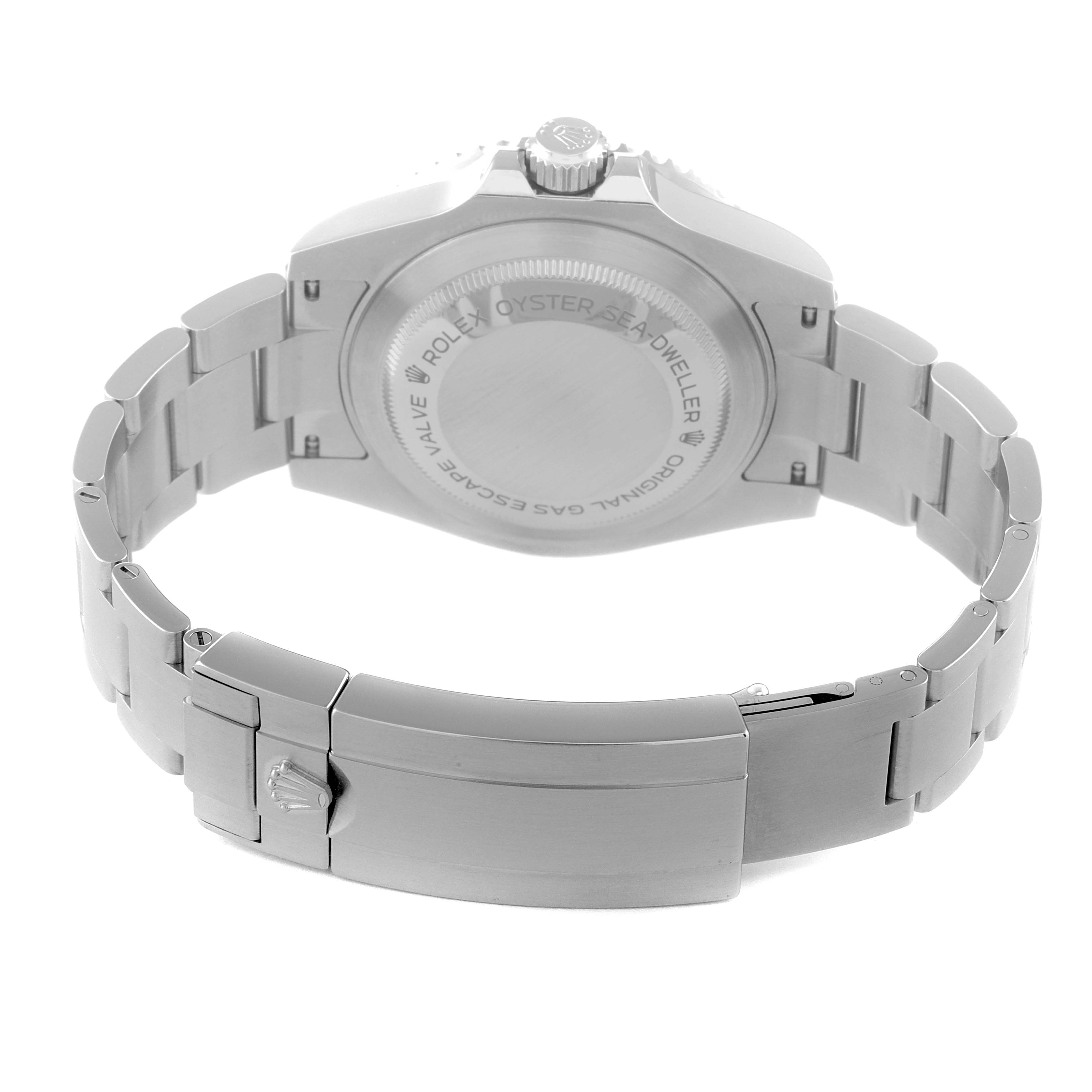 This image shows the back case and metal bracelet of a Rolex Sea-Dweller 116600 Men
s Stainless Steel Black Dial 116600 Men
s Stainless Steel Black Dial watch from a rear angle.