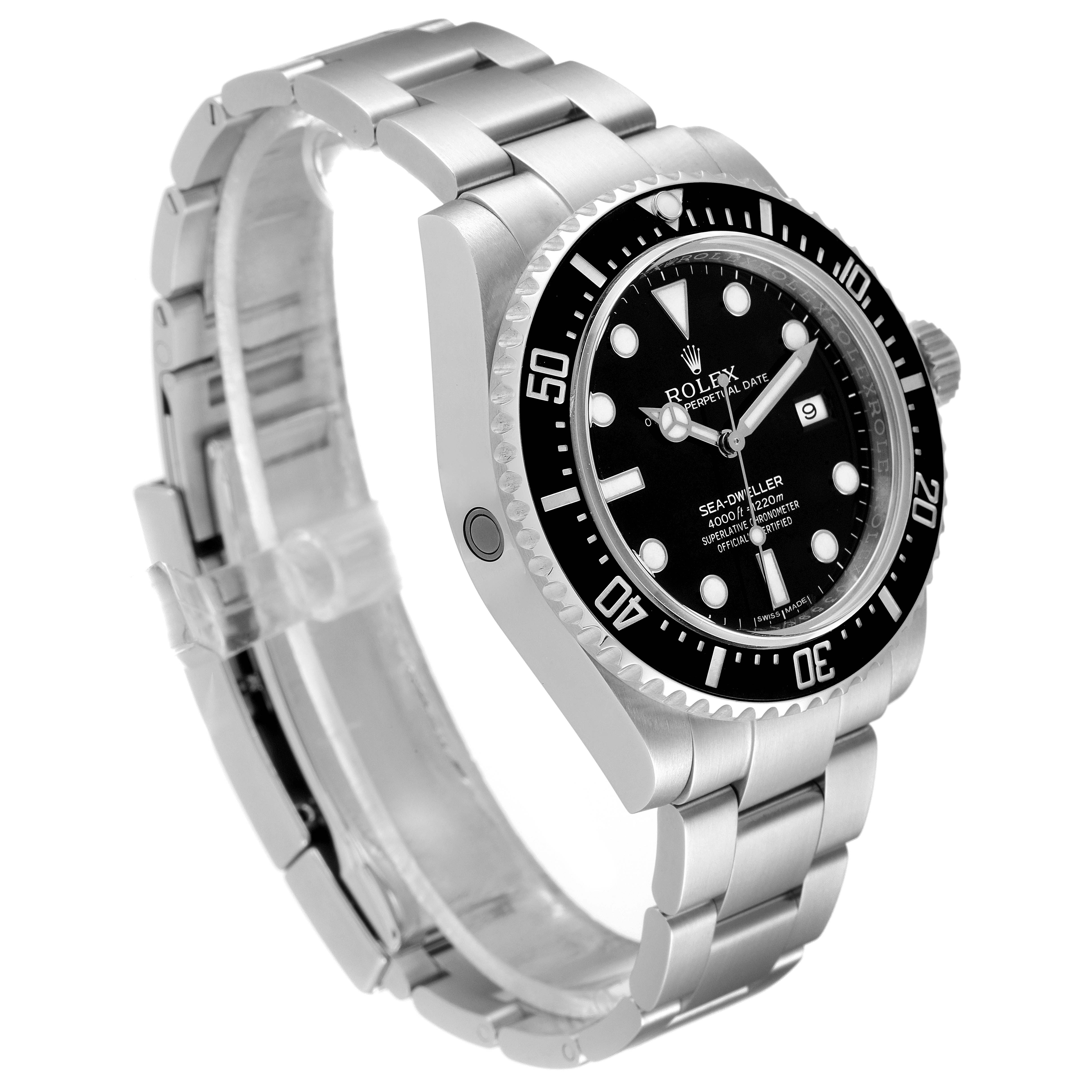The image shows a Rolex Sea-Dweller 116600 Men
s Stainless Steel Black Dial 116600 Men
s Stainless Steel Black Dial watch at an angle displaying the dial, bezel, case, and bracelet.