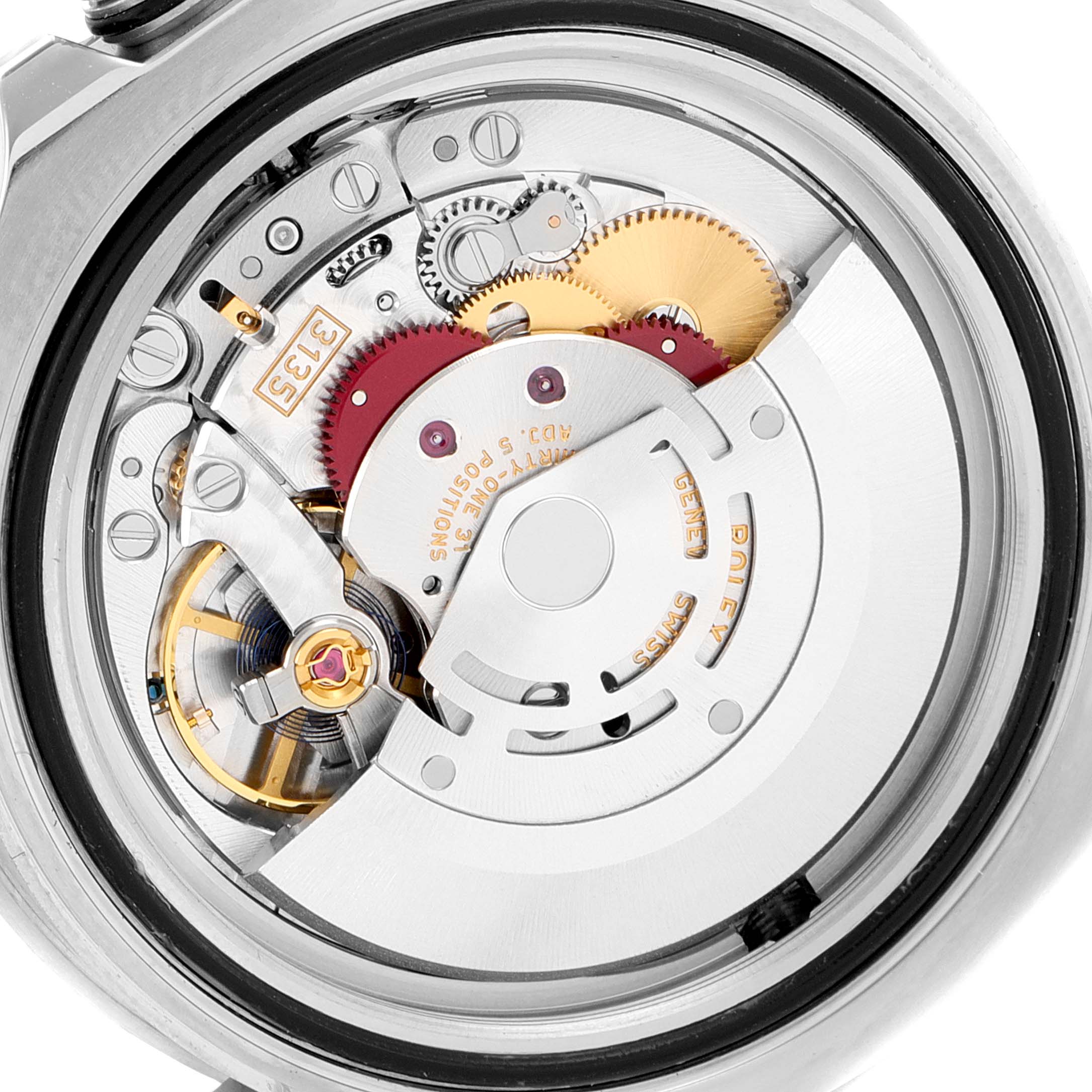 The image shows a close-up of the movement mechanism of a Rolex Sea-Dweller 116600 Men
s Stainless Steel Black Dial 116600 Men
s Stainless Steel Black Dial watch, displaying its intricate gears and components.