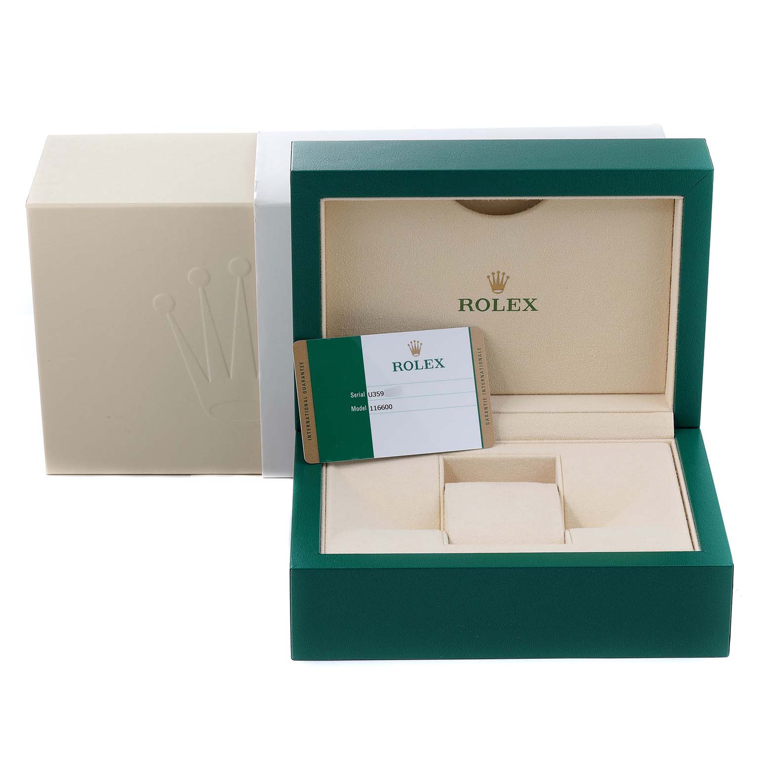 The image shows the packaging, box, and warranty card for the Rolex Sea-Dweller 116600 Men
s Stainless Steel Black Dial 116600 Men
s Stainless Steel Black Dial watch model, viewed from the front.