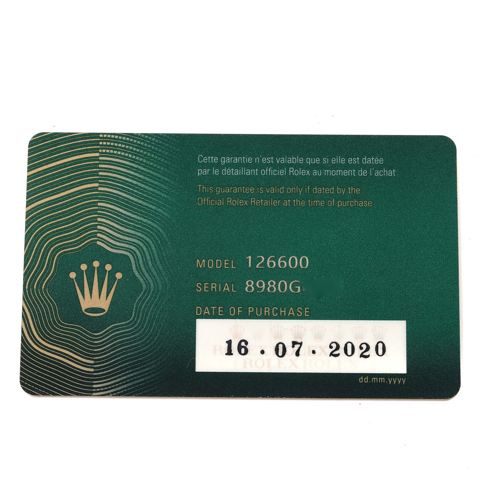 This is the warranty card for the Rolex Sea-Dweller 126600 Men
s Stainless Steel Black Dial 126600 Men
s Stainless Steel Black Dial model 126600, showing the serial number and purchase date.