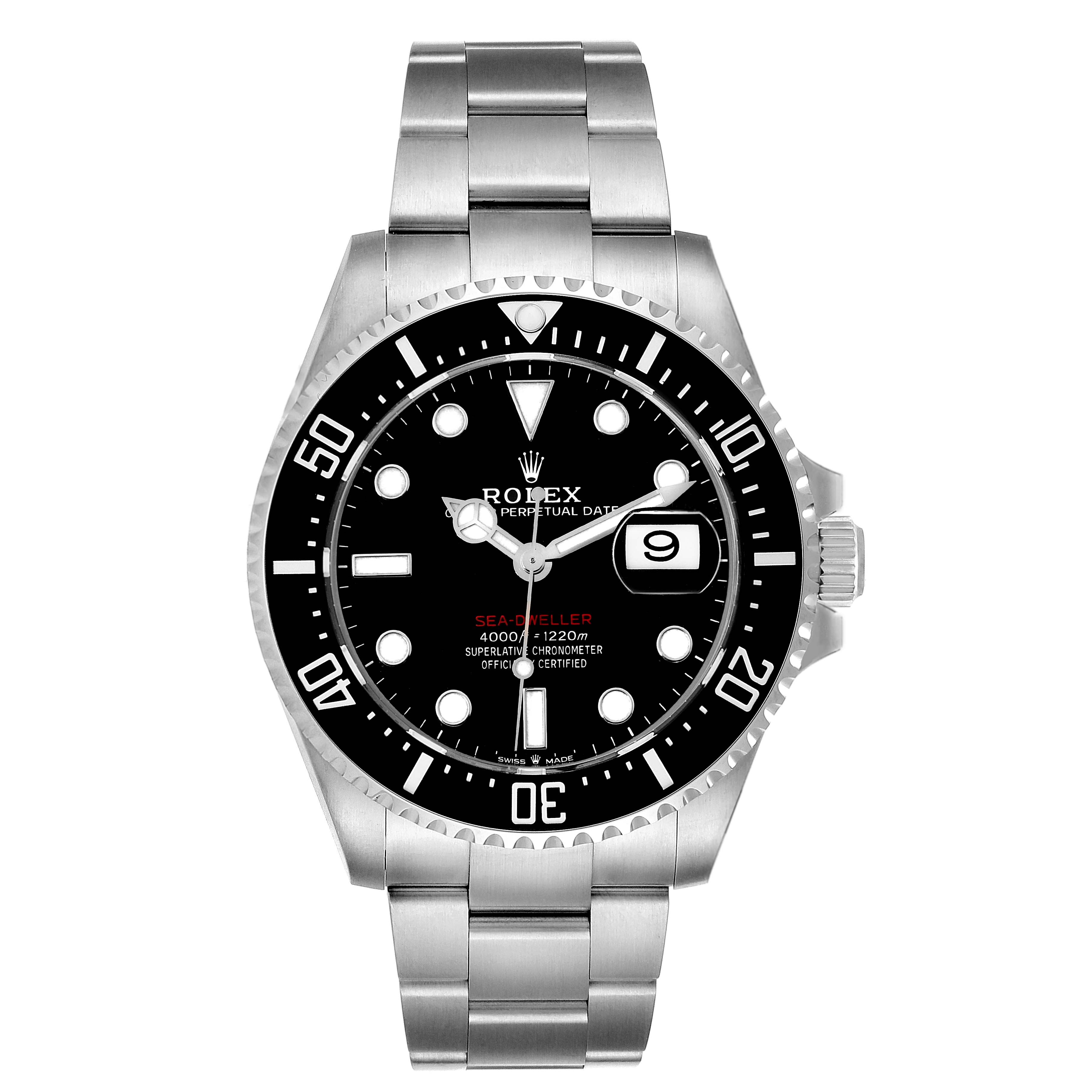This image shows the Rolex Sea-Dweller 126600 Men
s Stainless Steel Black Dial 126600 Men
s Stainless Steel Black Dial watch from a front angle, displaying its face, bezel, crown, and bracelet.