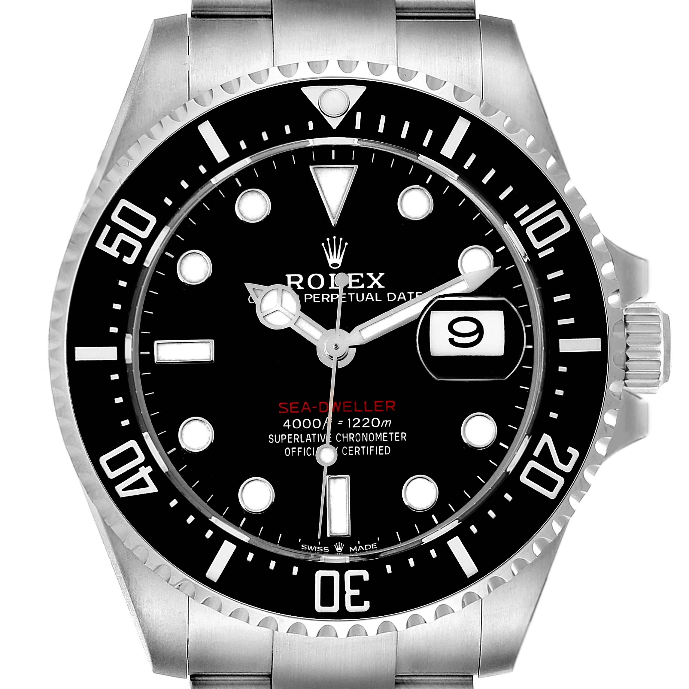 This image shows a front view of the Rolex Sea-Dweller 126600 Men
s Stainless Steel Black Dial 126600 Men
s Stainless Steel Black Dial watch, highlighting its dial, bezel, and part of the bracelet.