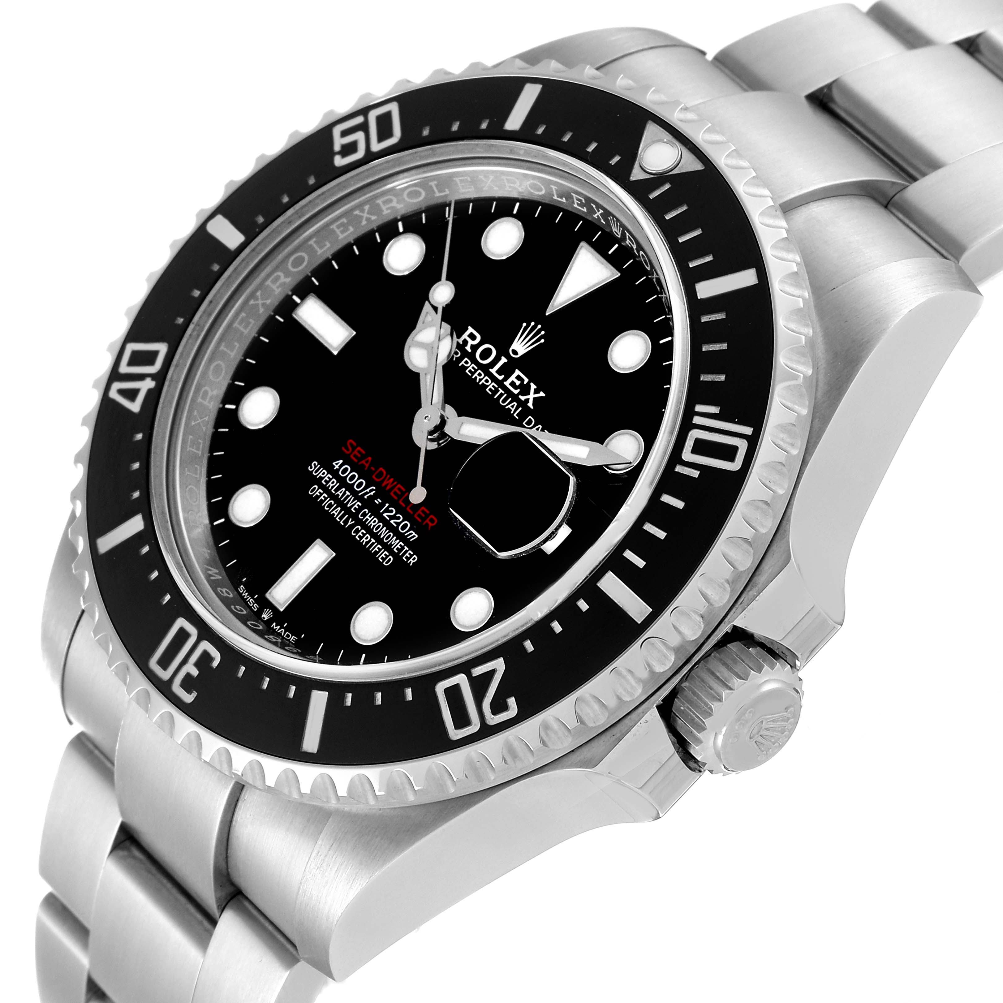The Rolex Sea-Dweller 126600 Men
s Stainless Steel Black Dial 126600 Men
s Stainless Steel Black Dial watch is shown at an angle highlighting the face, bezel, crown, and part of the bracelet.