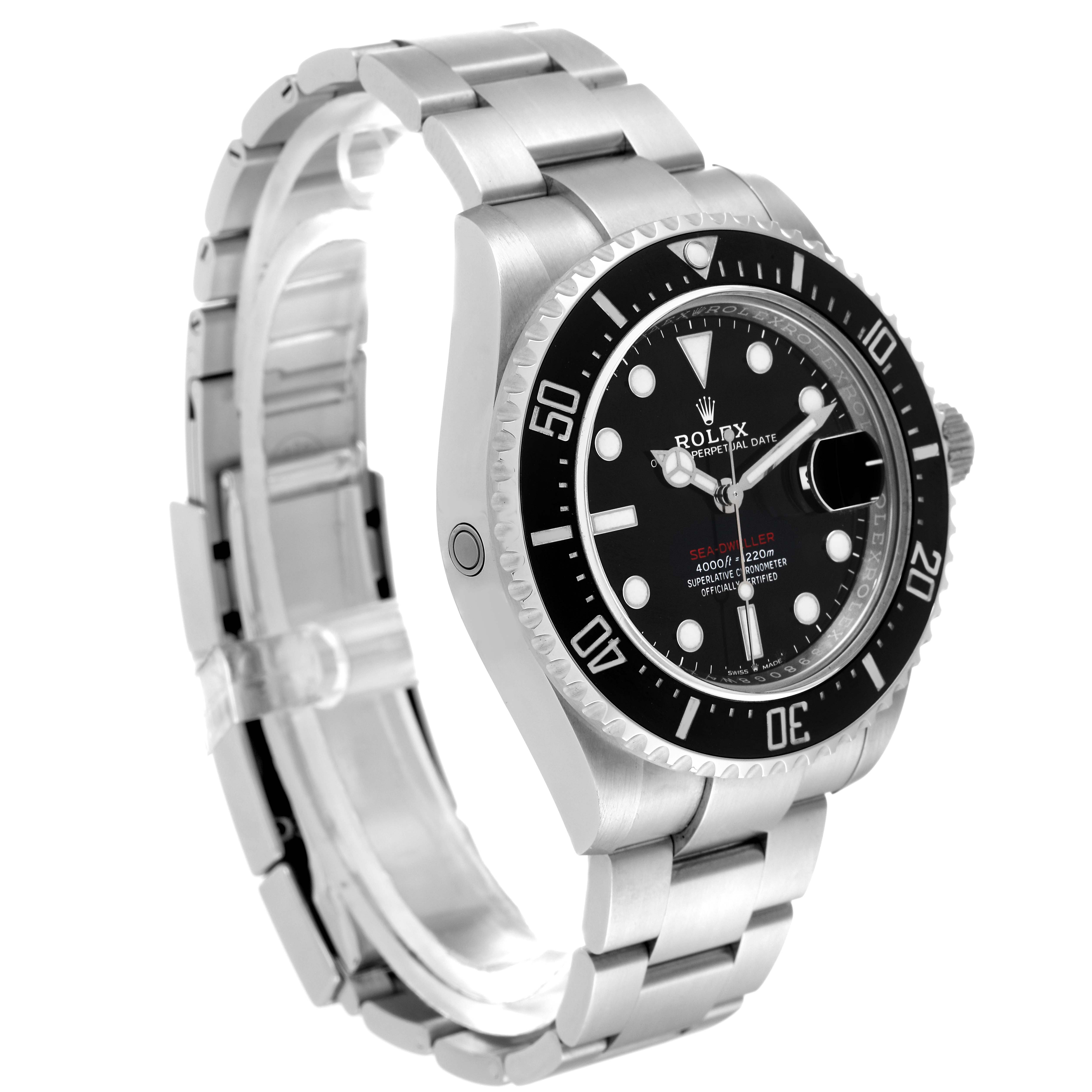 The image shows a side angle of the Rolex Sea-Dweller 126600 Men
s Stainless Steel Black Dial 126600 Men
s Stainless Steel Black Dial watch, highlighting the bracelet, bezel, dial, and crown.