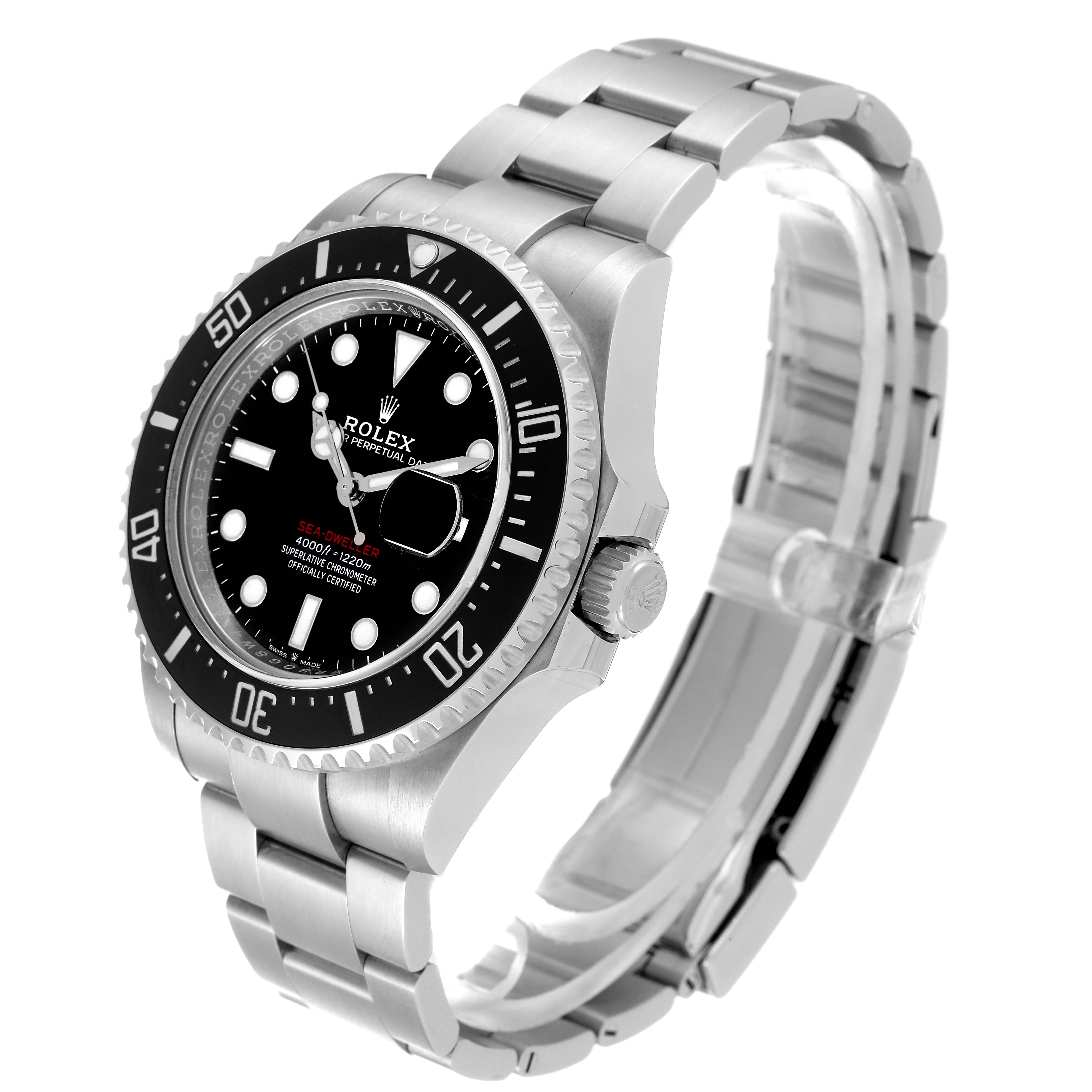 The Rolex Sea-Dweller 126600 Men
s Stainless Steel Black Dial 126600 Men
s Stainless Steel Black Dial watch is shown at a slight angle, displaying its bezel, dial, crown, and bracelet in detail.
