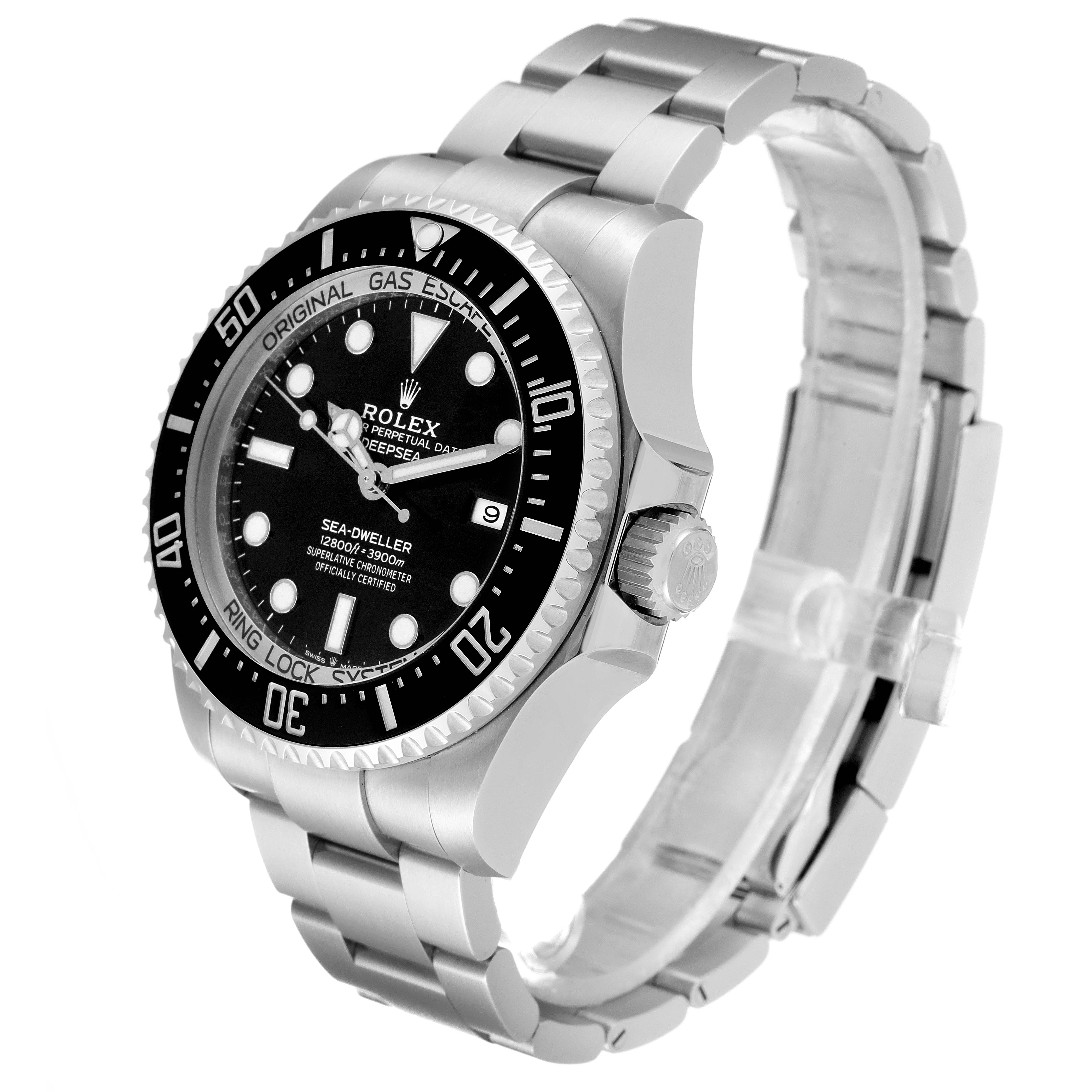 The Rolex Sea-Dweller 126660 Men
s Stainless Steel Black Dial 126660 Men
s Stainless Steel Black Dial watch is shown from a slightly tilted angle, highlighting the face, bezel, crown, and bracelet.