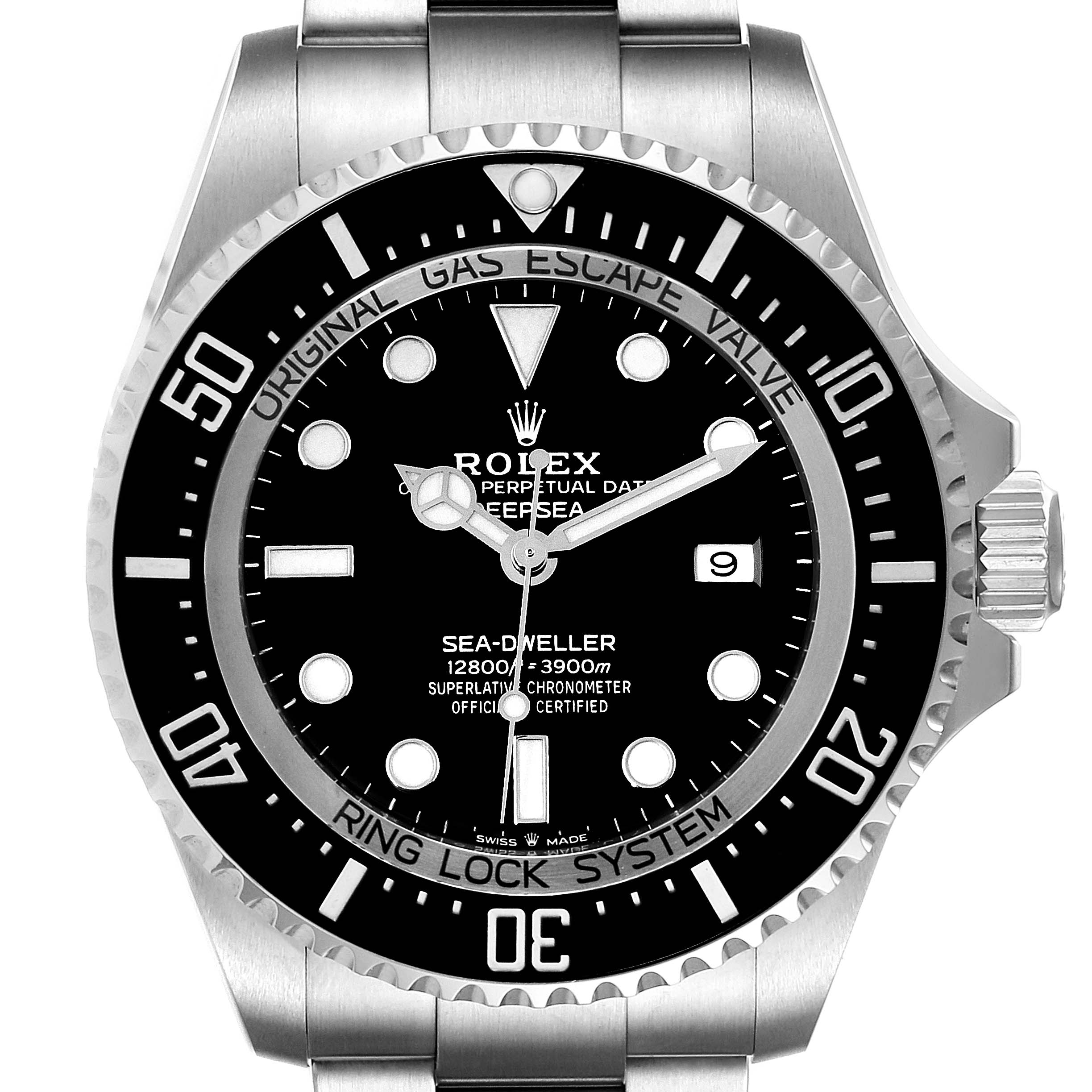 The image shows a front view of a Rolex Sea-Dweller 126660 Men
s Stainless Steel Black Dial 126660 Men
s Stainless Steel Black Dial watch, highlighting the dial, bezel, crown, and bracelet.