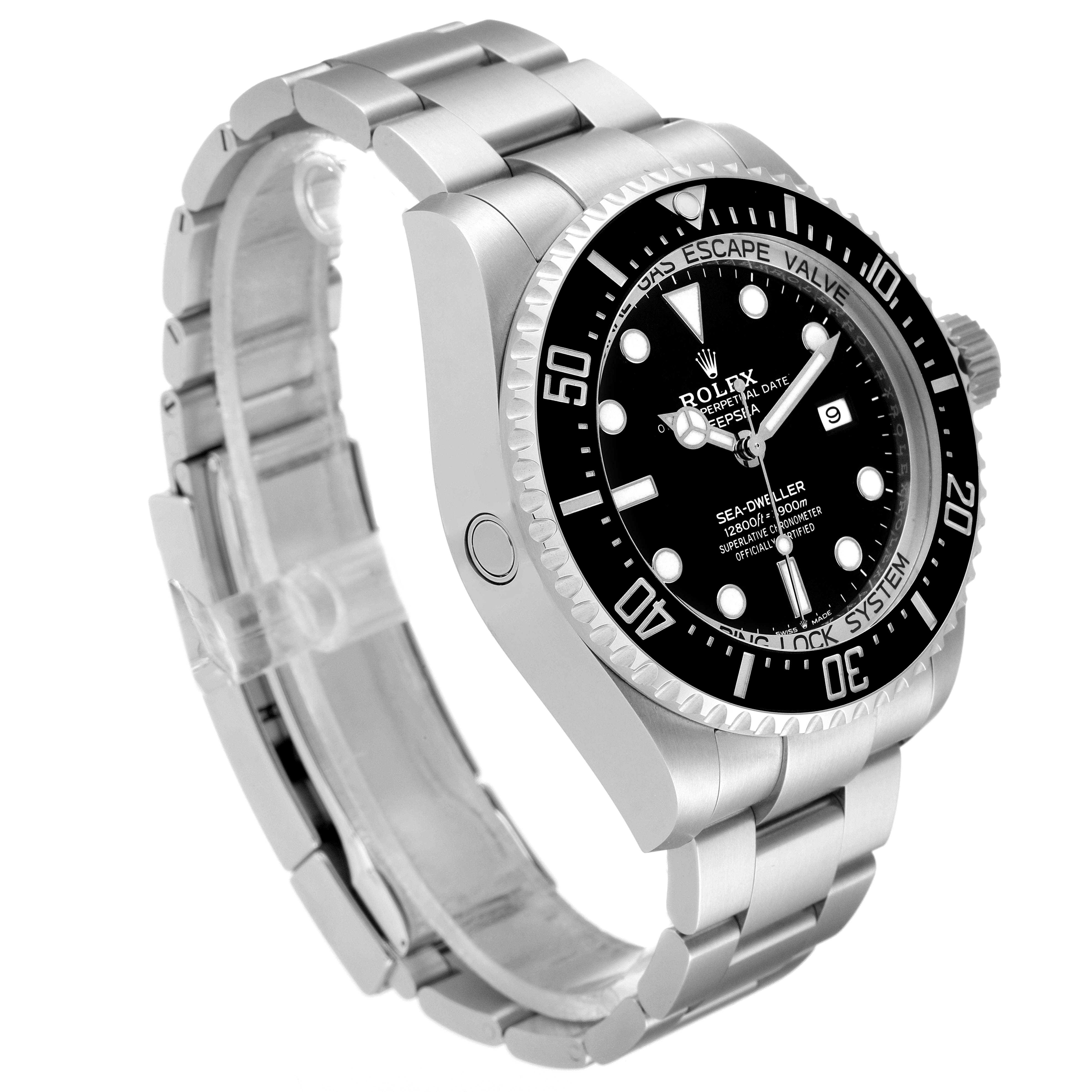 The image shows a side and frontal angle of a Rolex Sea-Dweller 126660 Men
s Stainless Steel Black Dial 126660 Men
s Stainless Steel Black Dial watch, highlighting its face, bezel, and metal bracelet.
