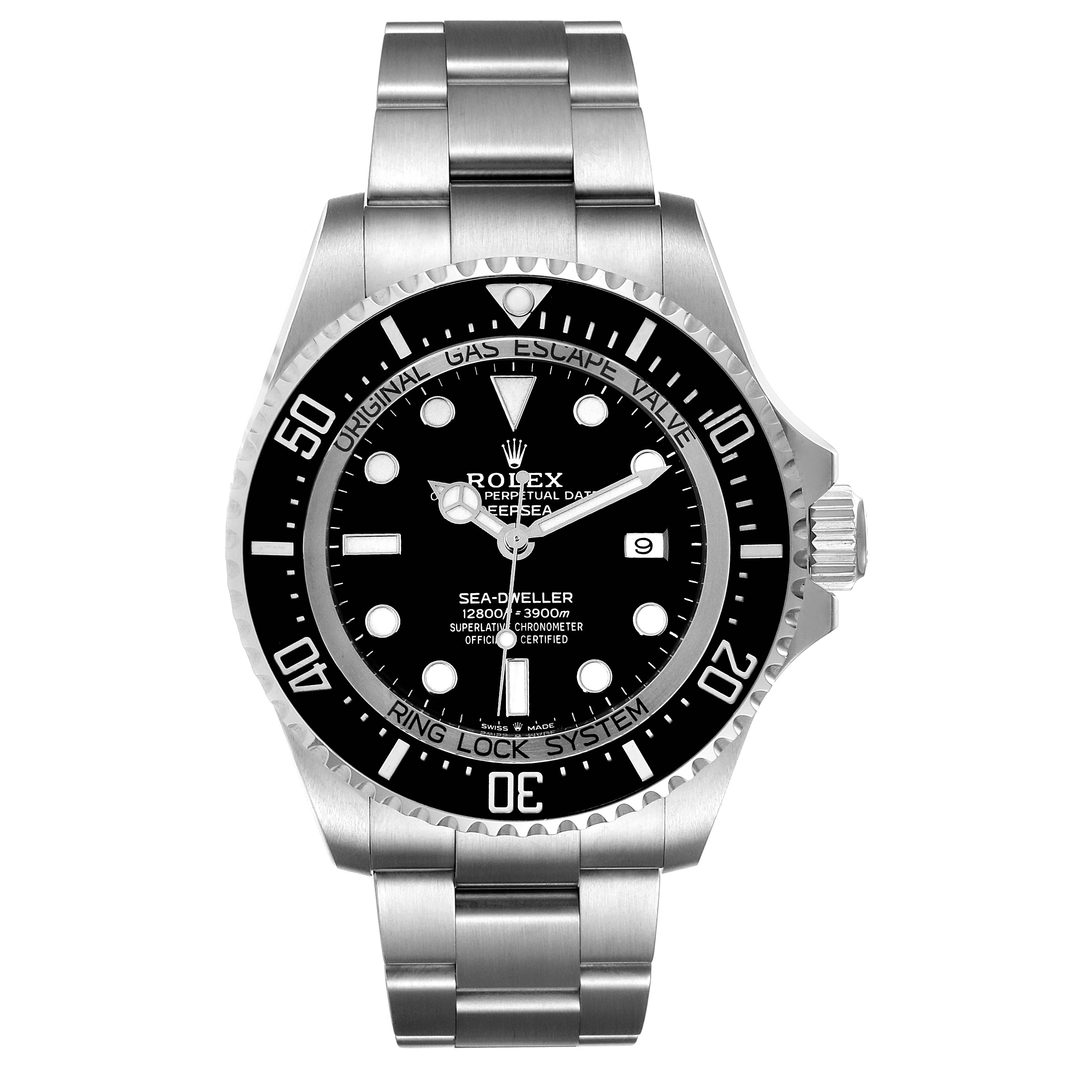 The image shows a front view of the Rolex Sea-Dweller 126660 Men
s Stainless Steel Black Dial 126660 Men
s Stainless Steel Black Dial watch, highlighting its black dial, bezel, and stainless steel bracelet.