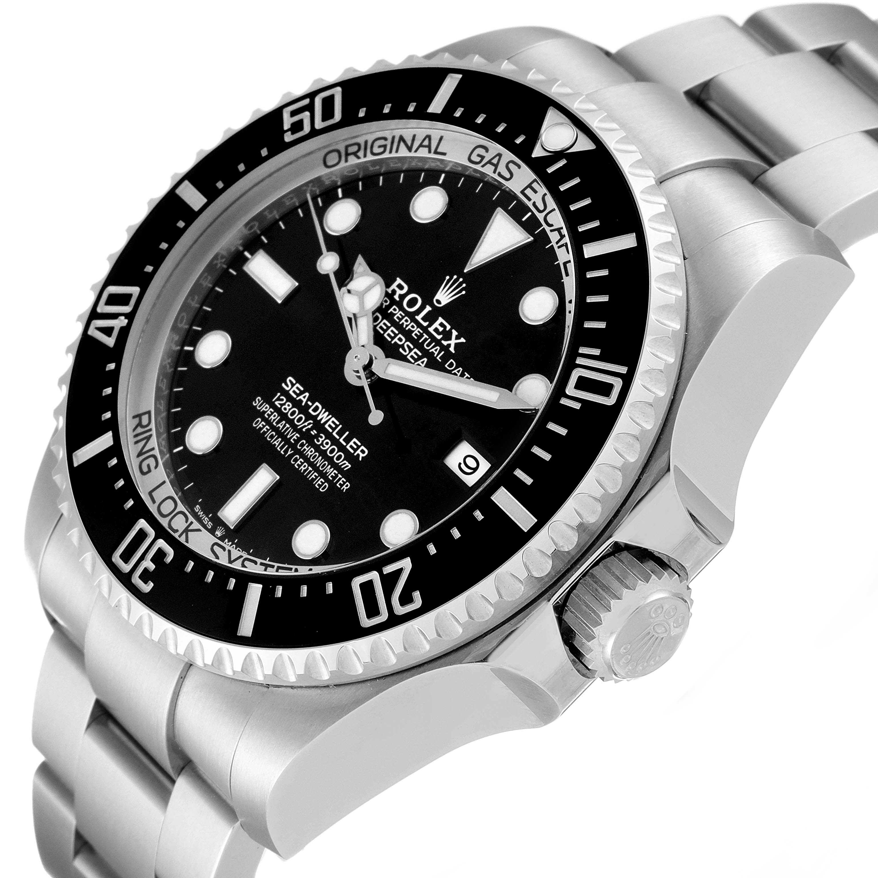 The image shows a close-up angle of the Rolex Sea-Dweller 126660 Men
s Stainless Steel Black Dial 126660 Men
s Stainless Steel Black Dial watch, capturing its dial, bezel, crown, and part of the bracelet.