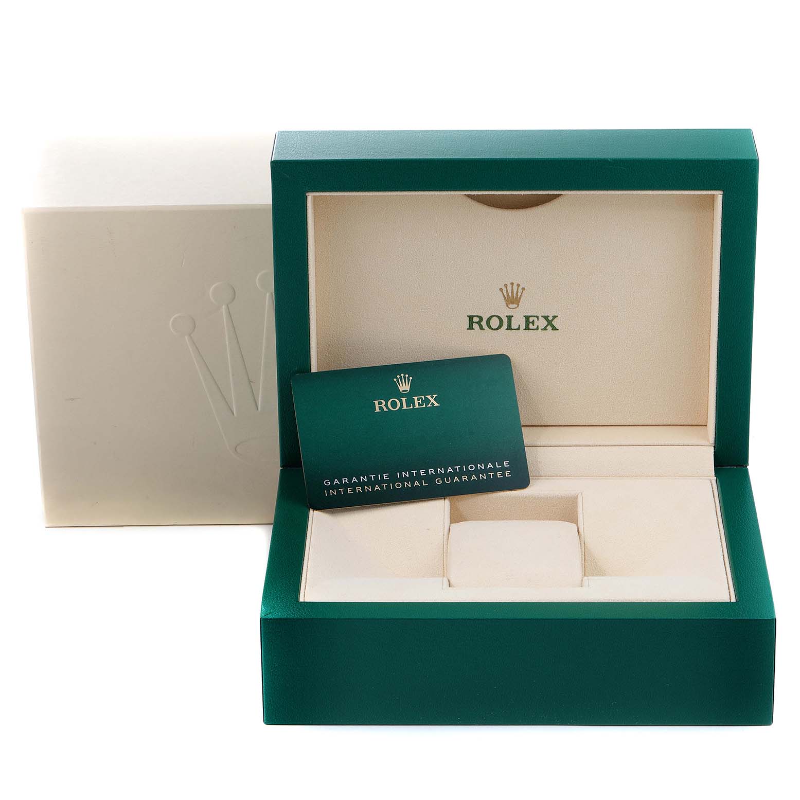 The image shows the open green box and international guarantee card for a Rolex Sea-Dweller 126660 Men
s Stainless Steel Black Dial 126660 Men
s Stainless Steel Black Dial watch, viewed from the front.